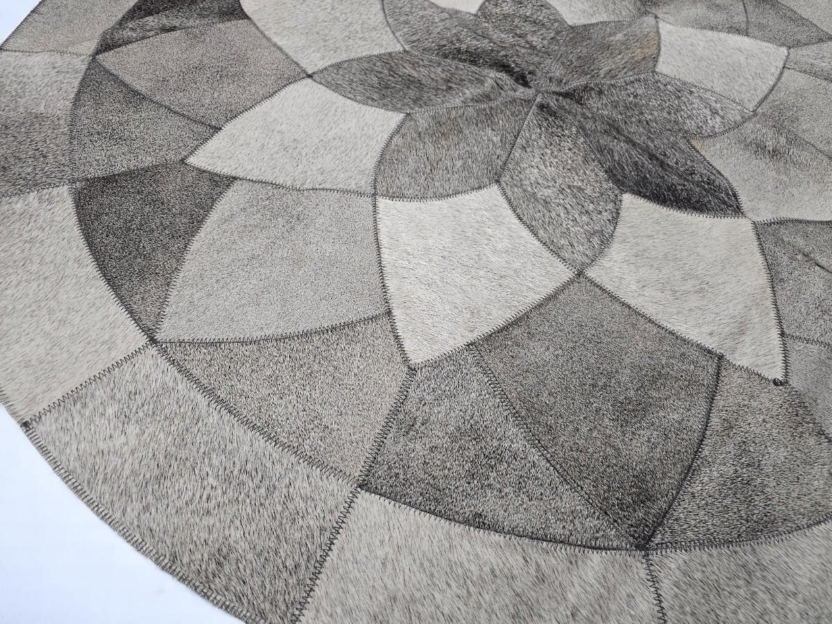 TEPPICH Patchwork Rund Kuhfell Geometrisch 140/140 cm - Dunkelgrau/Hellgrau, Fell (140/140cm) - Provellus