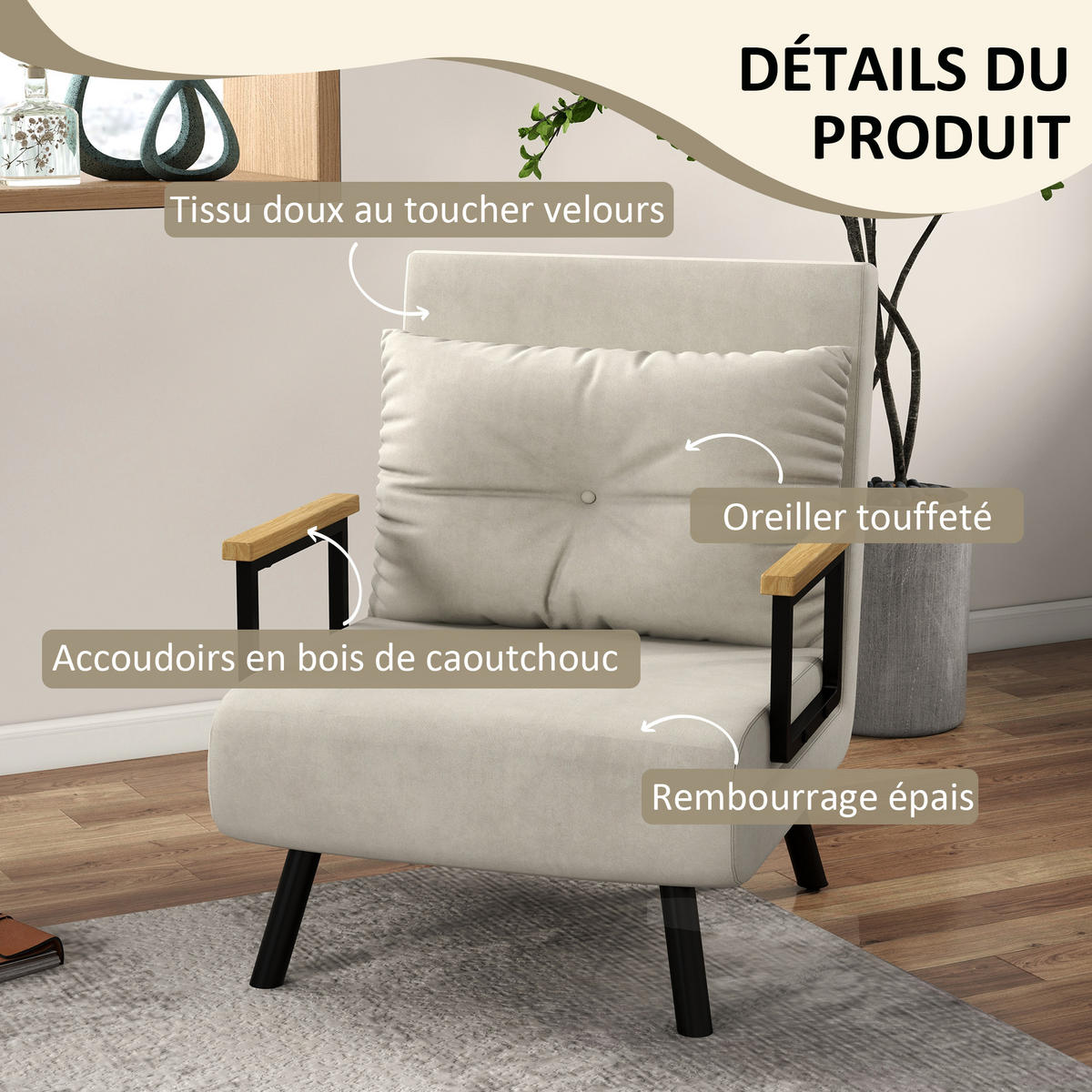 SCHLAFSESSEL 4-in-1 DE-14595 mit 5-fach verstellbarer Rückenlehne Creme - Creme, Textil (73/81/63cm) - ComfortXL