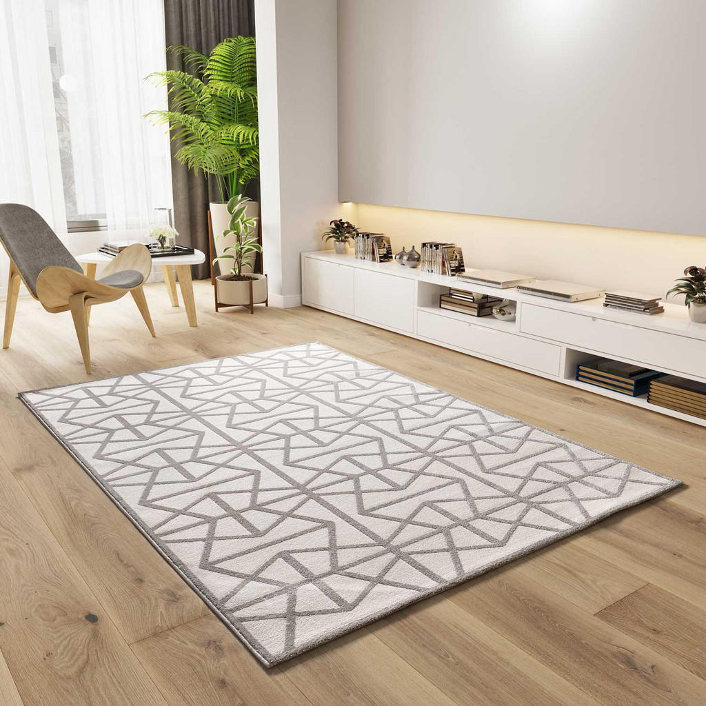 Thumbnail - Atticgo Webteppich, Weiß, Silber, Textil, Grafikmuster, Rechteckig, 160x230 cm, Oeko-Tex® Standard 100, für Fußbodenheiz...