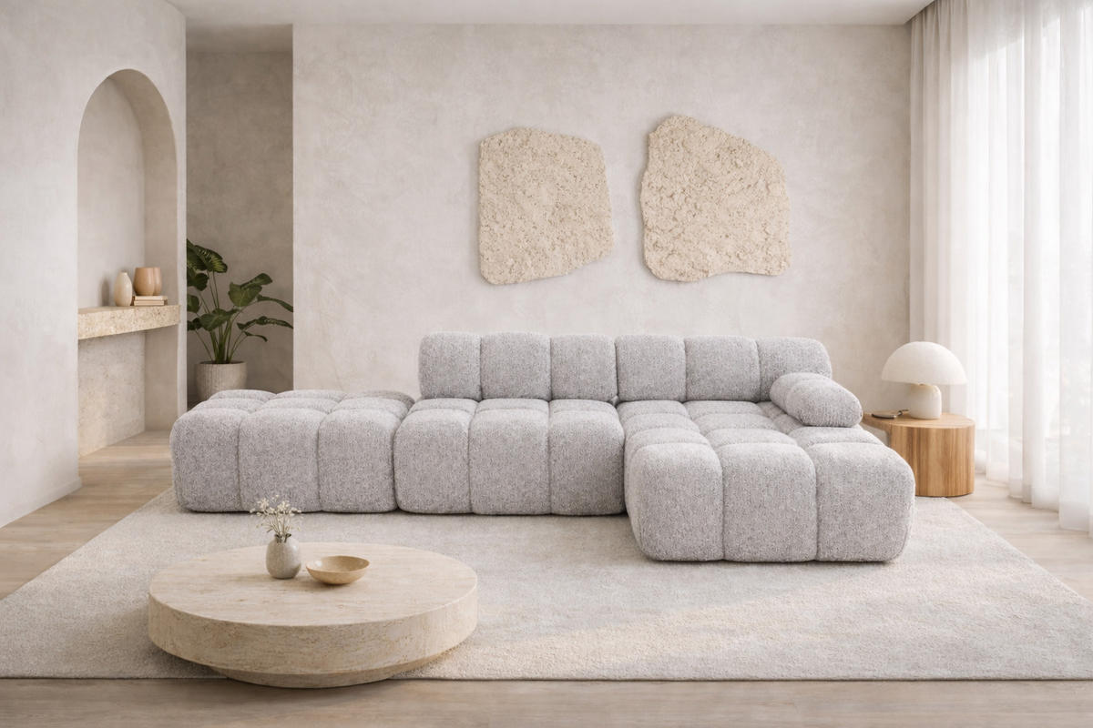 ECKSOFA L-Form Modular Mit Hocker, Bouclé-Stoff Abriamo, Hellgrau, Rechts, Selia - Hellgrau, Holz (285/160cm) - Kaiser Möbel