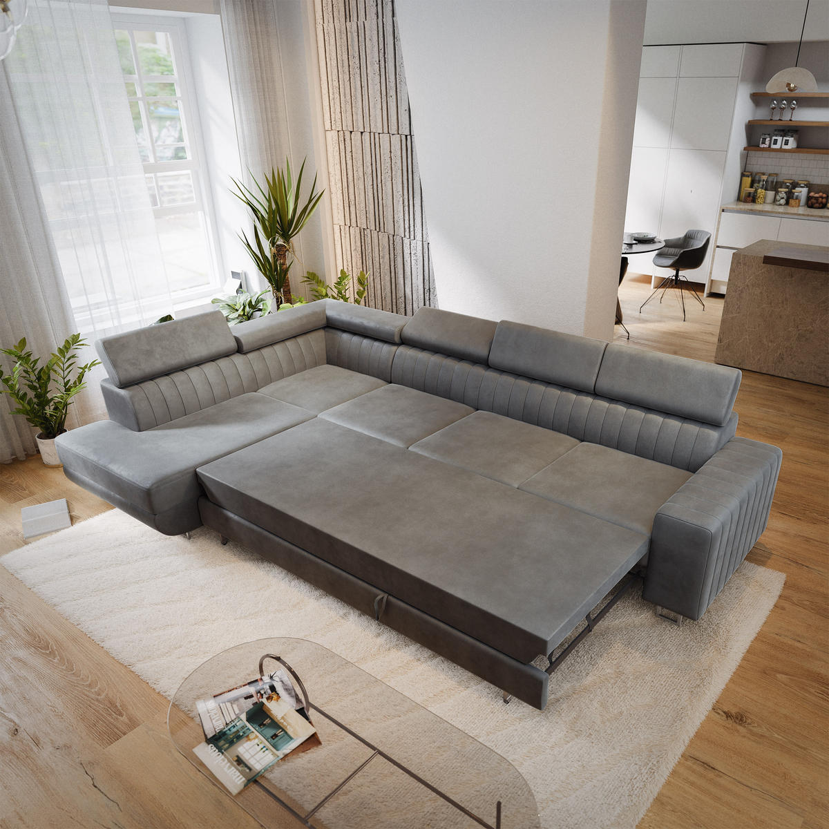 ECKSOFA HESTION Grau Velours-Stoff mit Schlaffunktion - Grau, Holz (332/190cm) - MASSENO