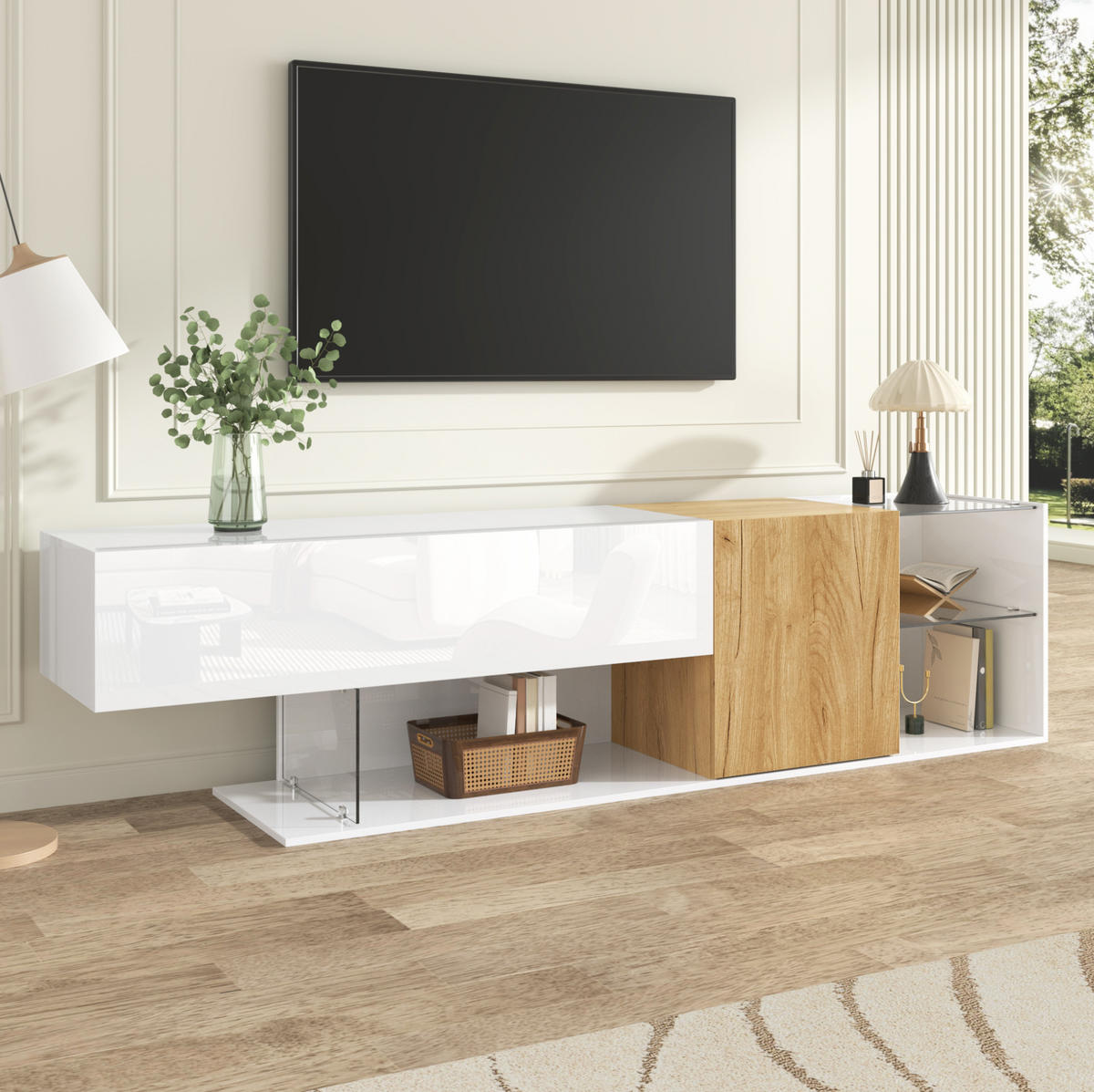 TV-LOWBOARD aus Spanplatte 180x38x48 cm Weiß/Natur mit Glasregalen und Stauraum - Weiß, Holzwerkstoff (180/48/38cm) - IVMEU