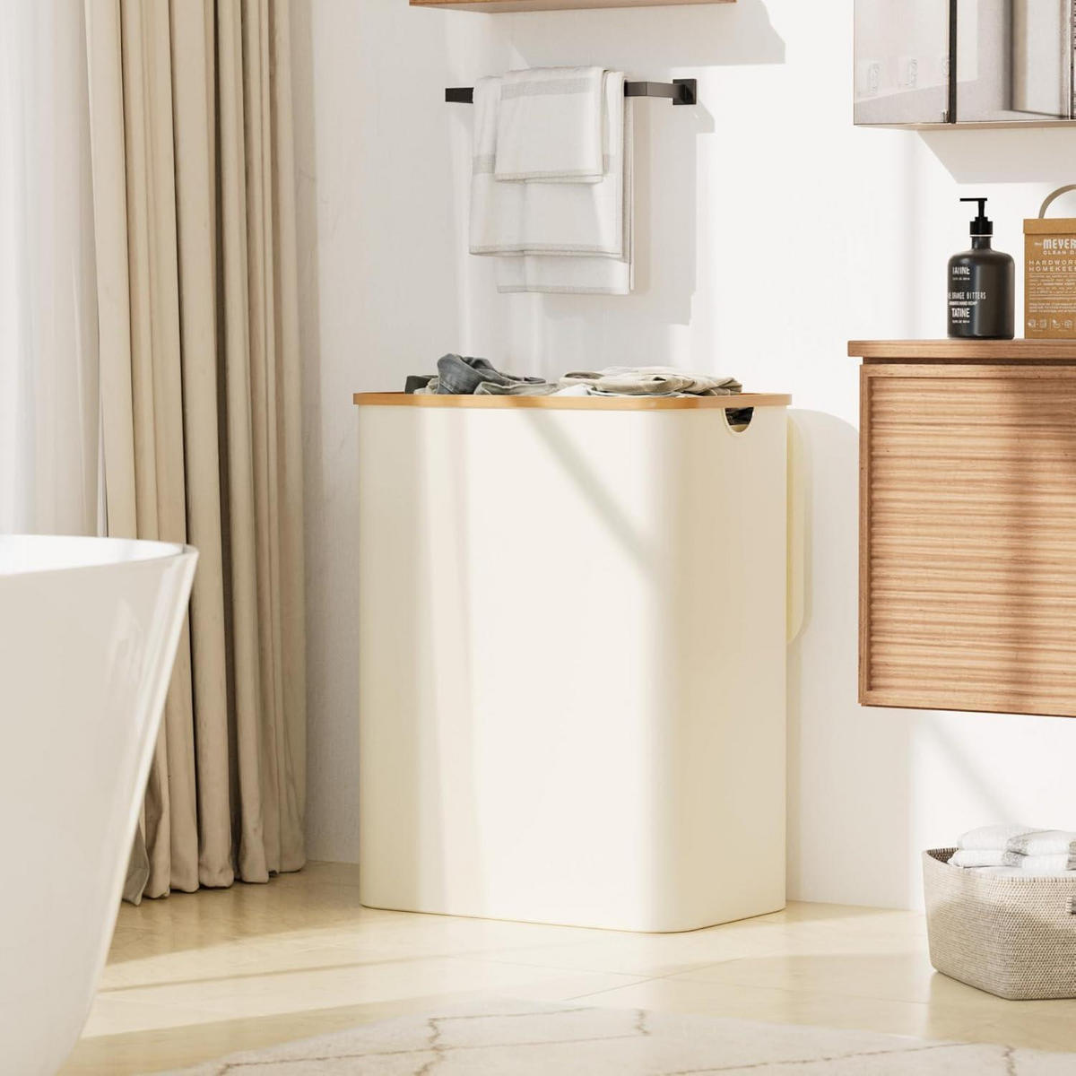 WÄSCHEKORB mit Deckel 3 Fächer 160L Beige - Creme, Naturmaterialien (37/74/57cm)
