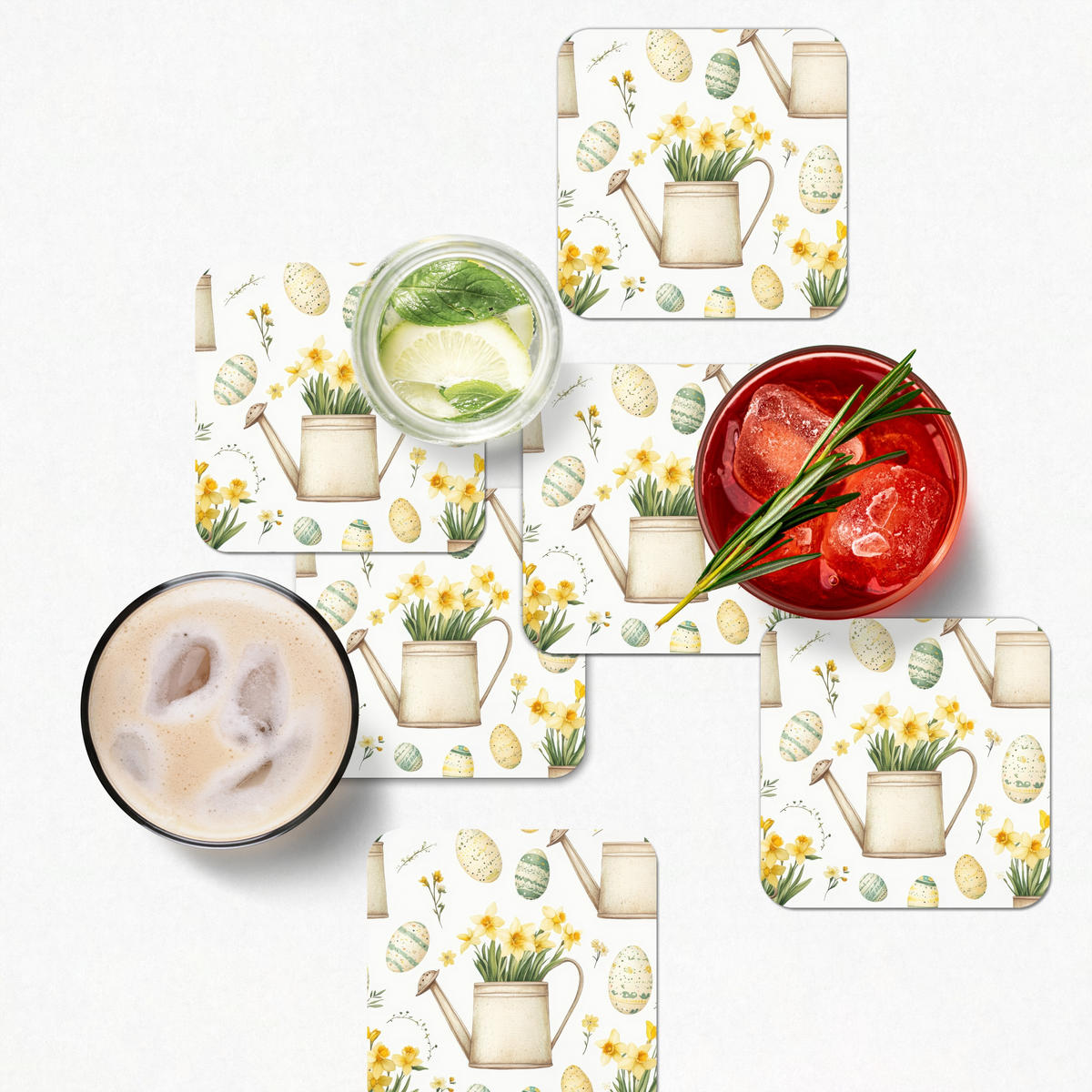 GLASUNTERSETZER 6er-Set Gießkanne - Blumen - Eier 10x10 cm - Weiß, Naturmaterialien (10/0.2cm) - MuchoWow