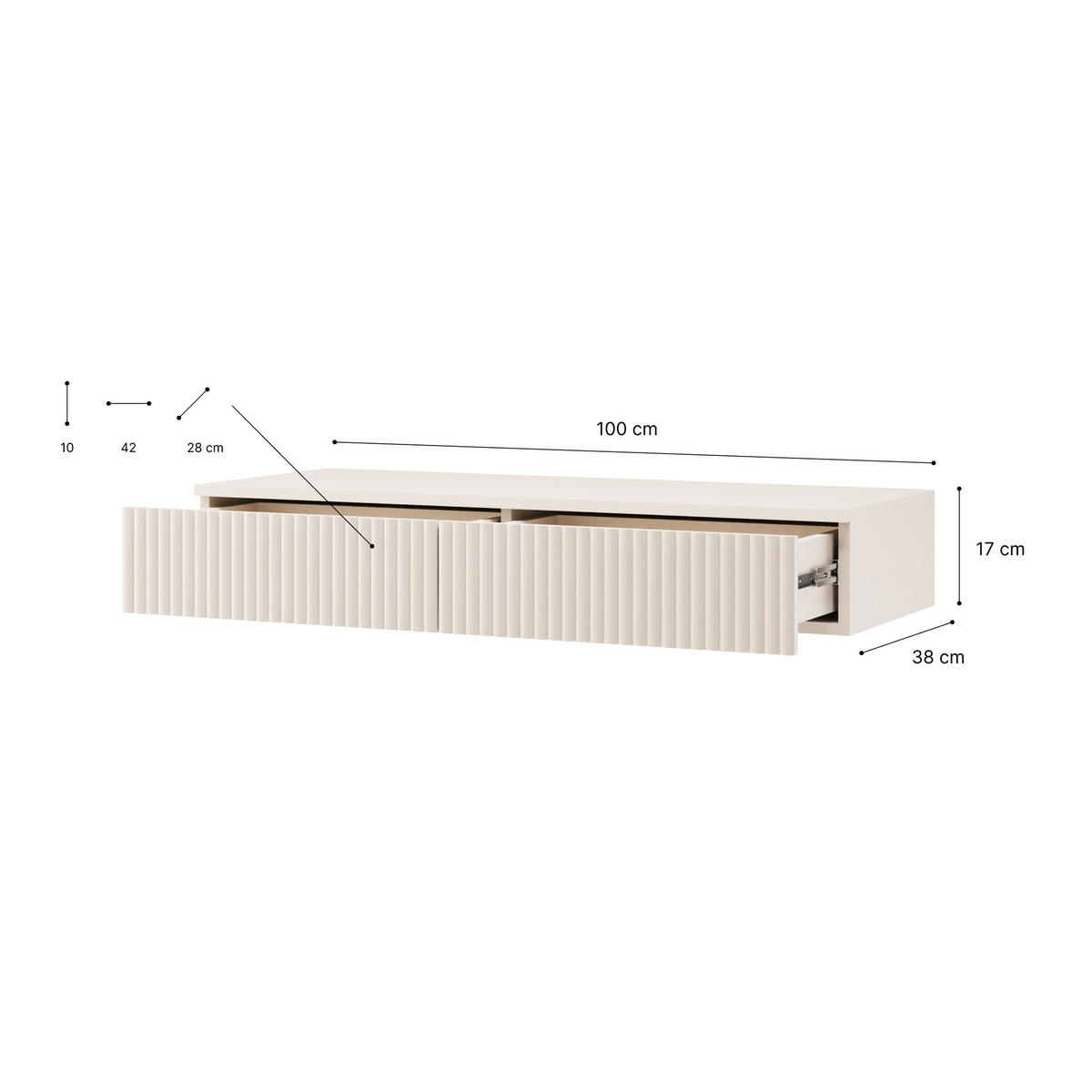 KONSOLENTISCH Soft mit 2 Schubladen und geriffelten Fronten, ohne Beinen - Kaschmir, Holzwerkstoff/Metall (38/100/17cm) - Beautysofa