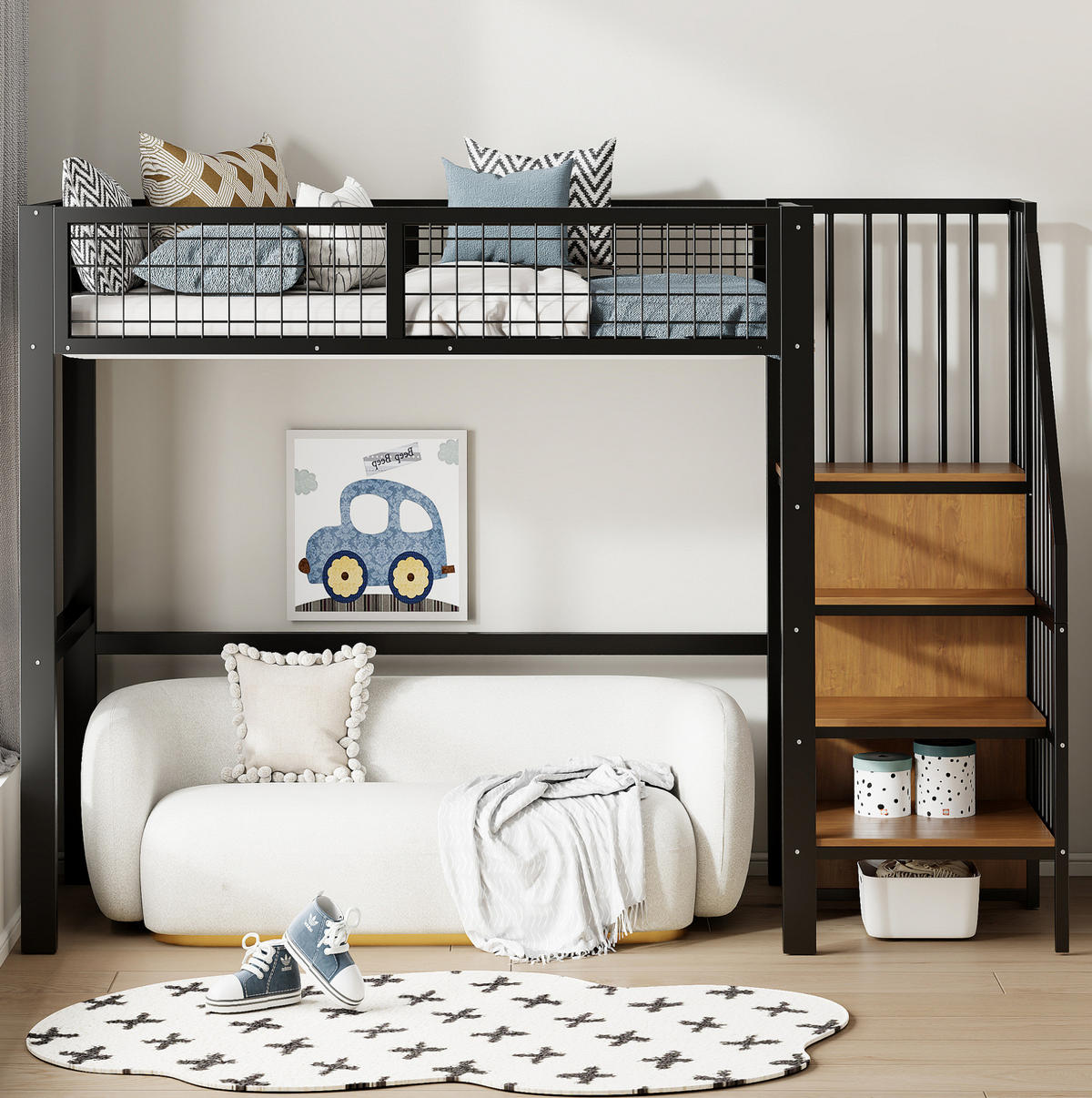 HOCHBETT 90/200 cm in Schwarz – mit Leiter, Kleiderschrank und Rausfallschutz - Schwarz, Metall (90/200cm) - BEAOK