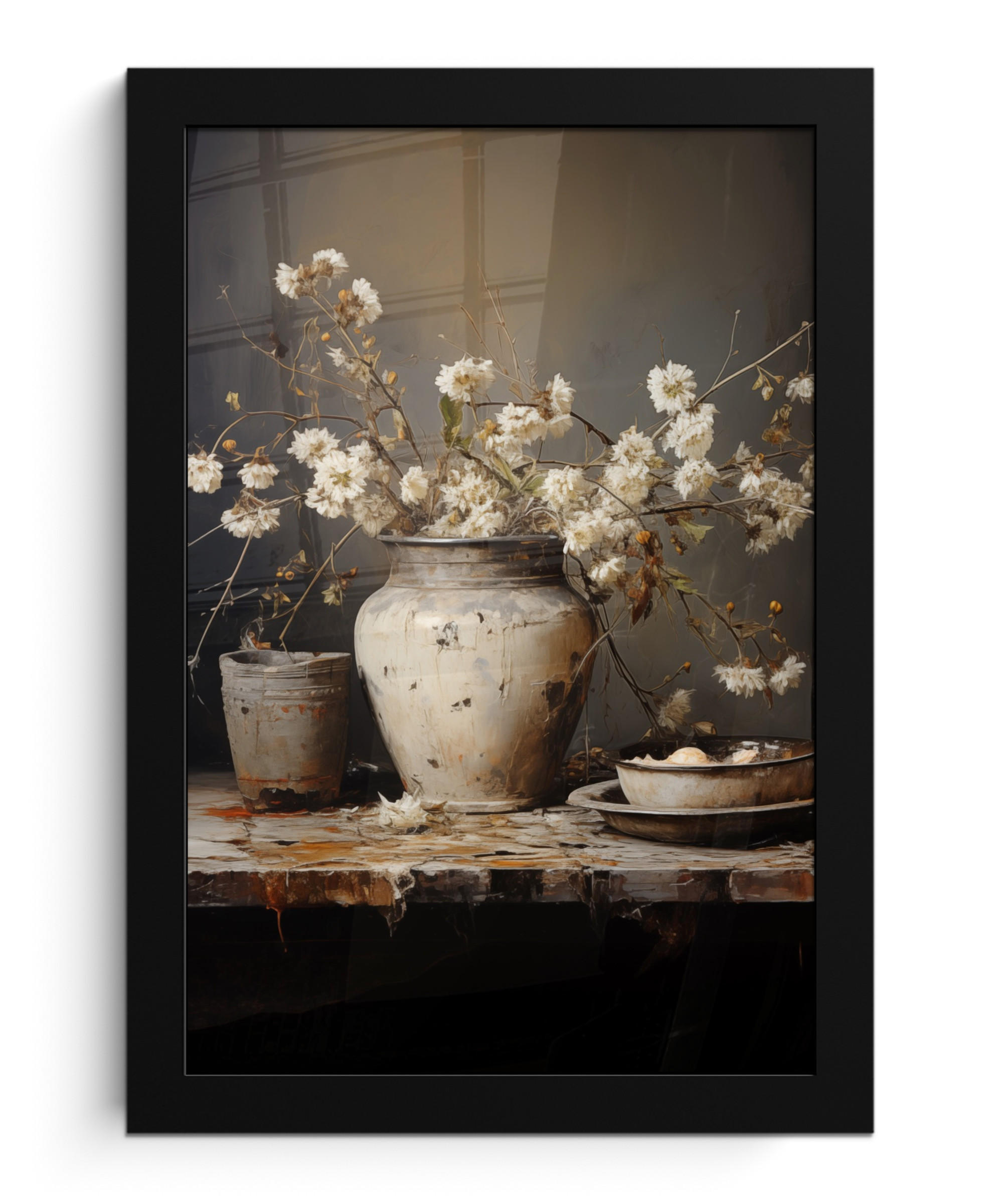 GERAHMTES BILD Stilleben - Blumen - Blumenstrauß - Vase - Wein 20x30 cm - Schwarz, Papier (20/30cm) - MuchoWow