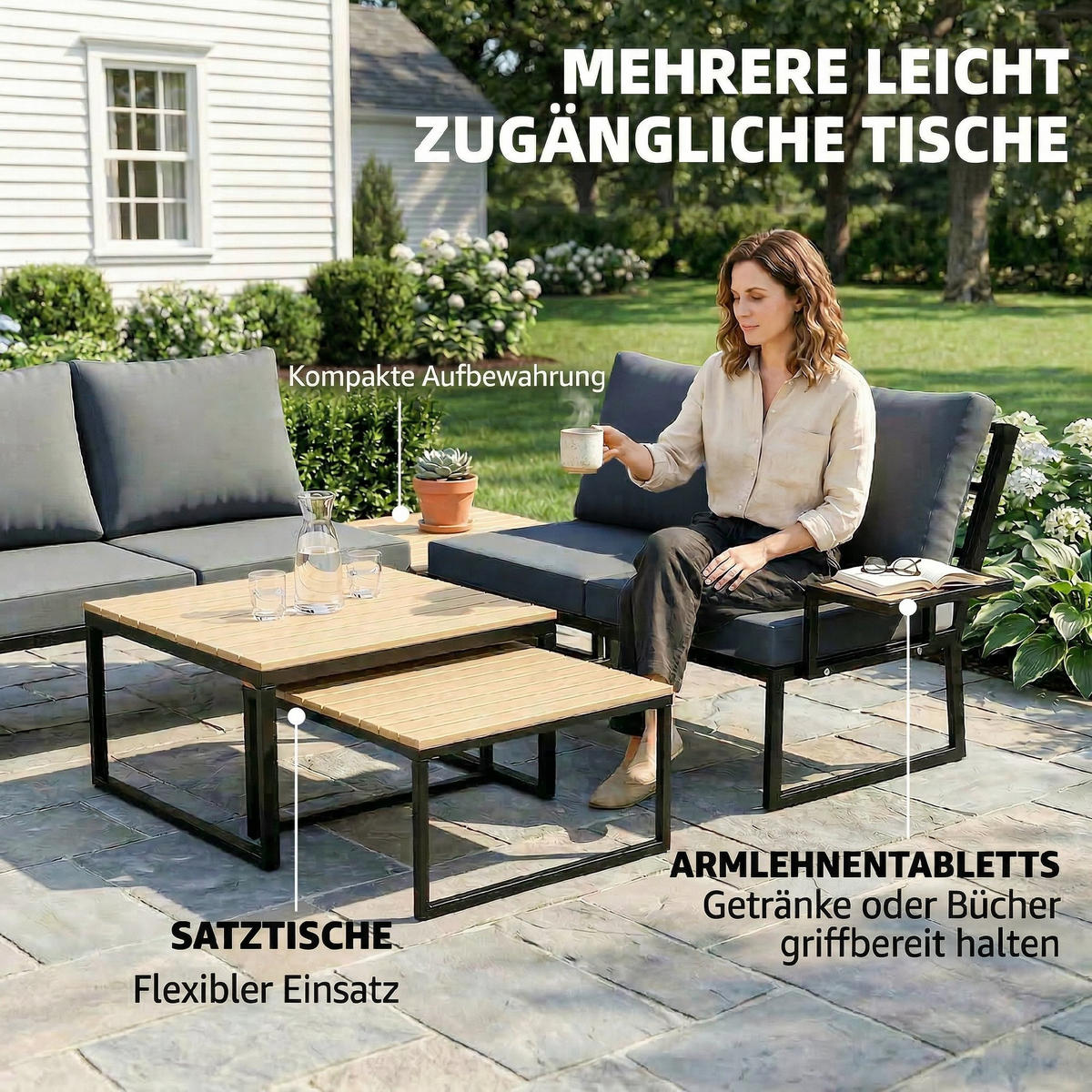 TERASSENMÖBELSET 4-teilig aus Kunststoff Holz Verbundstoff Teak - Schwarz/Grau, Textil/Metall - Outsunny