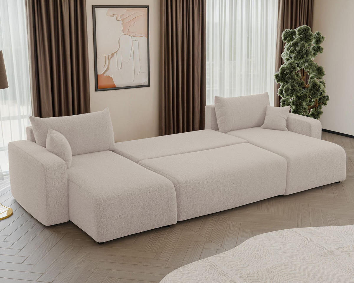WOHNLANDSCHAFT Pianoni Hellbeige Bouclé-Bezug - Ecru/Schwarz, Kunststoff/Textil (312/83/140cm) - Selsey