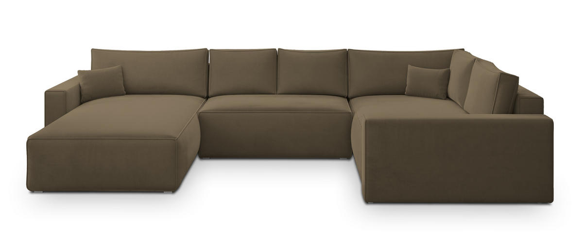 WOHNLANDSCHAFT VELAMI R-S Beige Velours-Stoff mit Schlaffunktion - Beige, Holz (365/83/194cm) - MASSENO