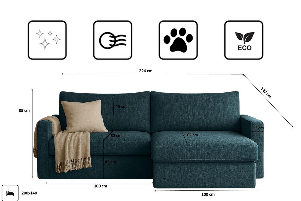 ECKSOFA Mit Schlaffunktion Und Bettzeugablage LUBEKA Stoff Faro Azurblau Rechts - Dunkelblau, Holz (224/147cm) - Kaiser Möbel