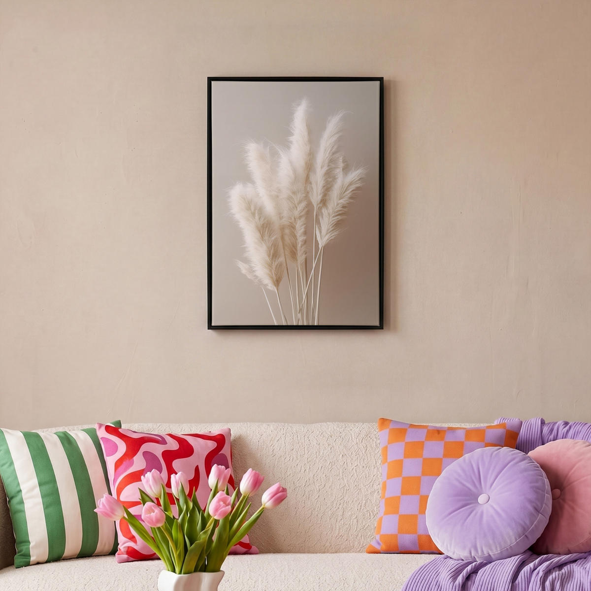 LEINWAND Bilder mit Rahmen - Pampasgras - Federn - Pastell - Weiß - 40x60 - Naturfarben, Textil (40/60cm) - MuchoWow