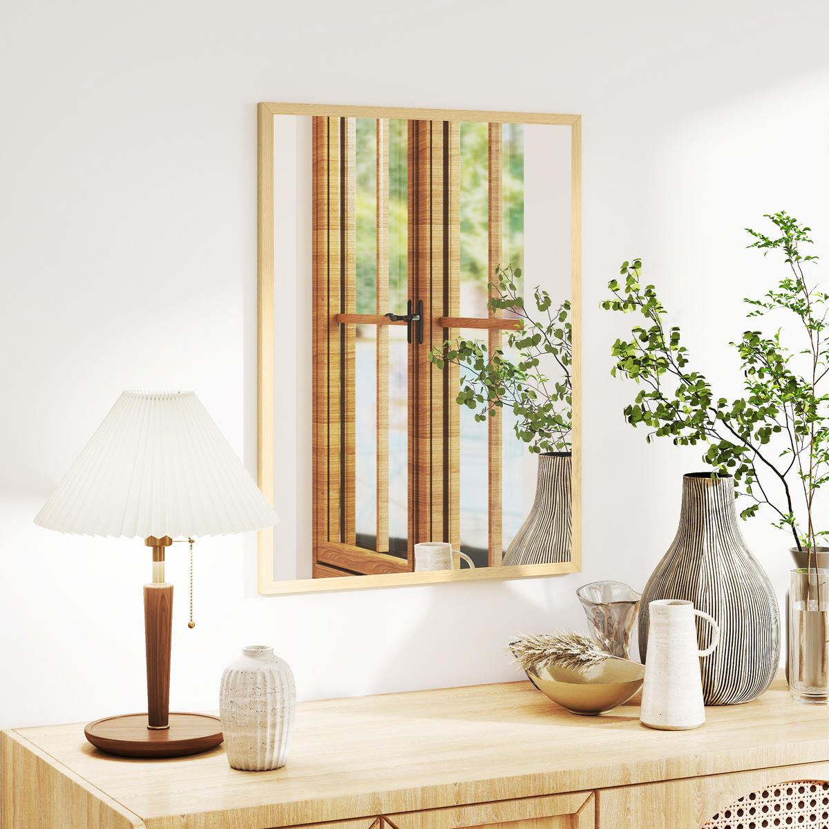 WANDSPIEGEL DE-14352 rechteckig mit Naturholzrahmen Naturholz - Naturfarben, Glas (60/80/2cm) - ComfortXL