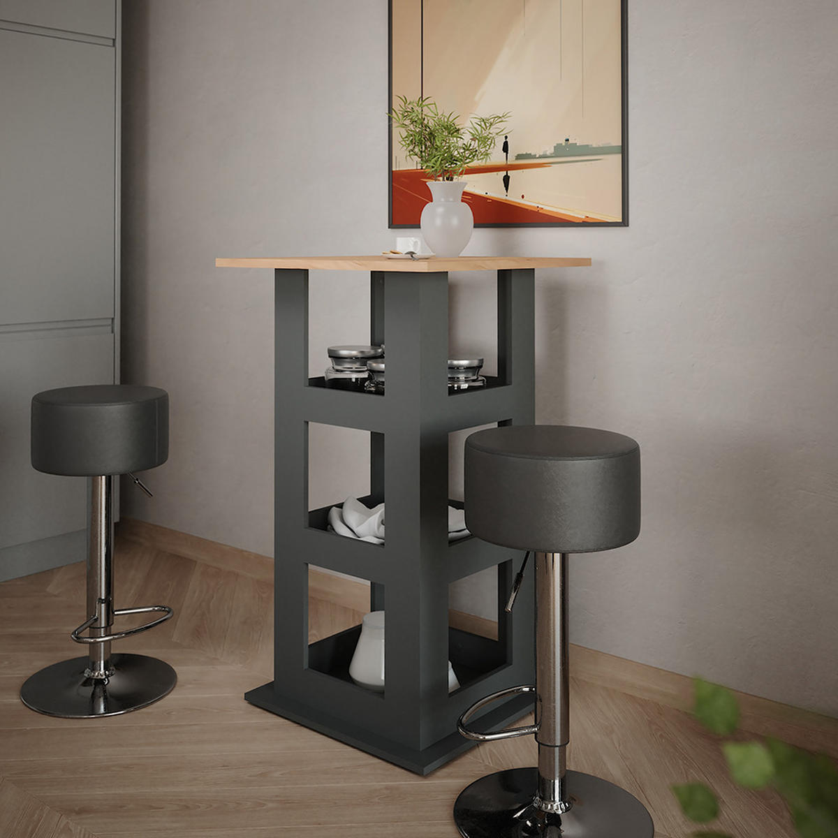 STOJACÍ BAROVÝ STŮL SE ŽIDLEMI Repose Zlatý dub power/antracit - medově dubová/černá, kompozitní dřevo (65/65/106cm) - Vicco