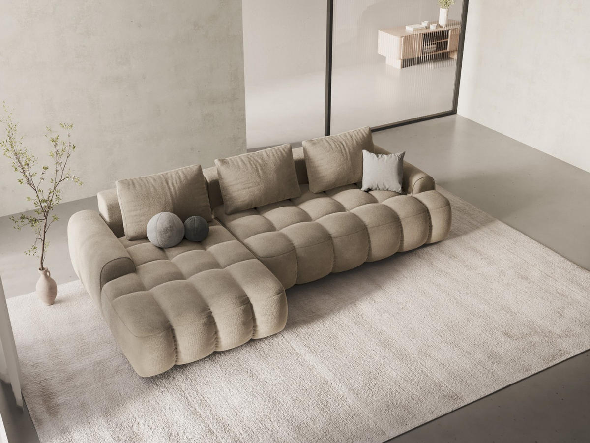 AUSKLAPPBARES-ECKSOFA links mit Container Linz aus Samt leichtes beige 3 Sitzplätze - Creme, Textil (142/275cm) - Cosmopolitan Design