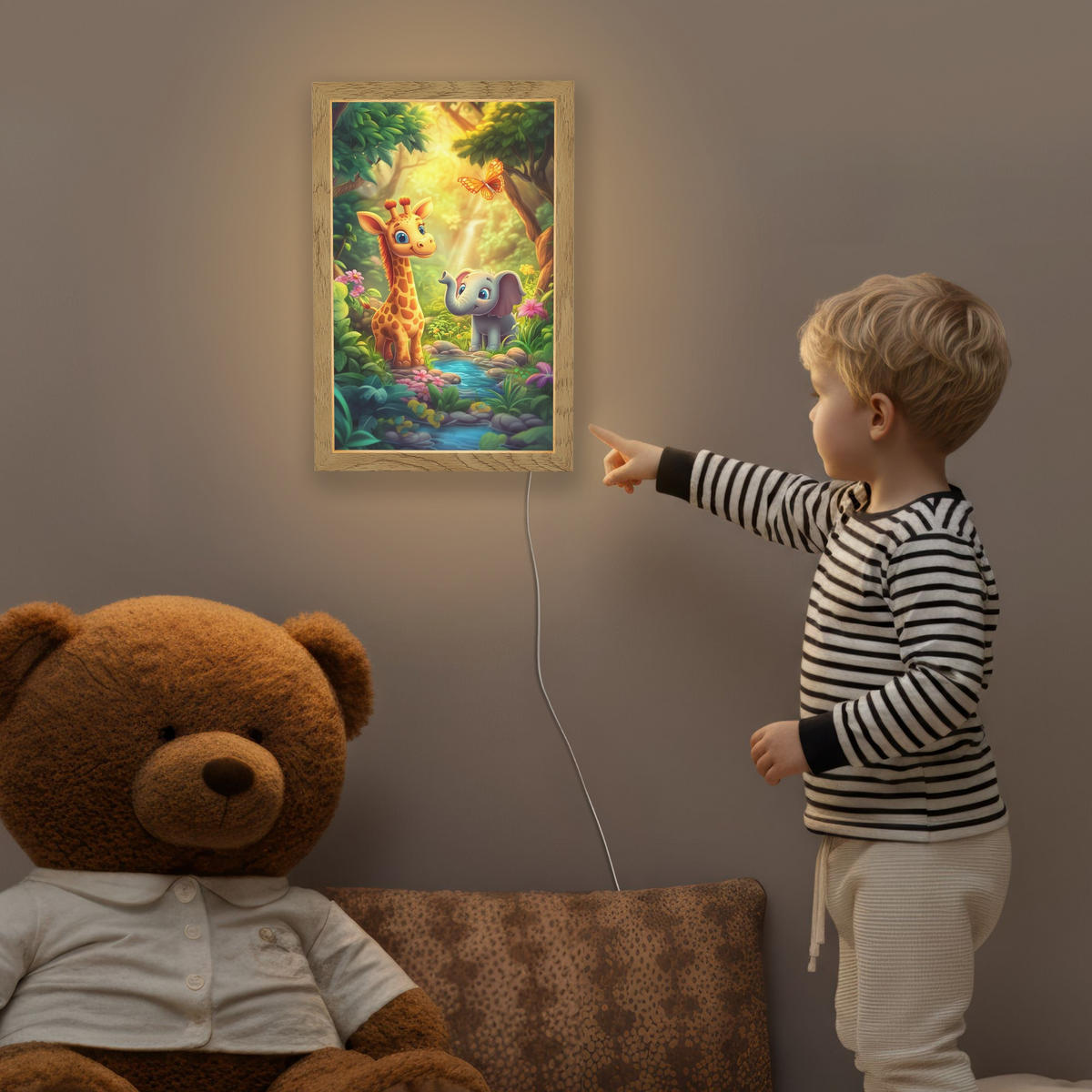 NACHTTISCHLAMPE Giraffe - Elefant - Blumen - Dschungel 20x30 cm - Grün, Holzwerkstoff (8/20/30cm)