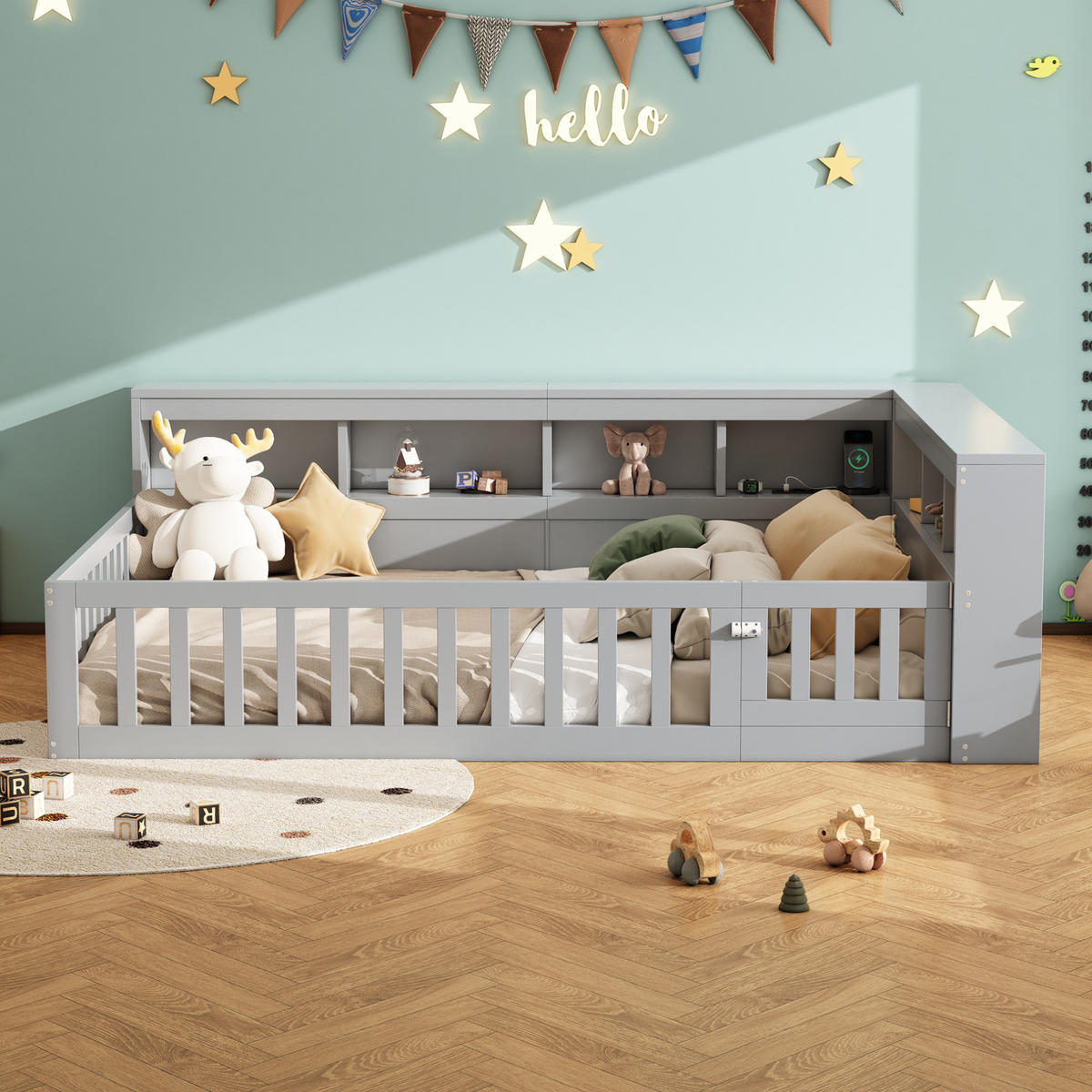 KINDERBETT Tagesbett 140/190 cm aus Spanplatte und MDF mit USB, Steckdose und Stauraum Grau - Grau, Holzwerkstoff (140/190cm) - Modenvie