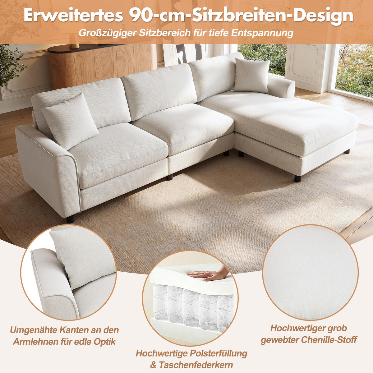 ECKSOFA 256/137/79 cm Beige mit umstellbarer Liegeelement - Beige, Textil/Metall (256/137cm) - Oxeza