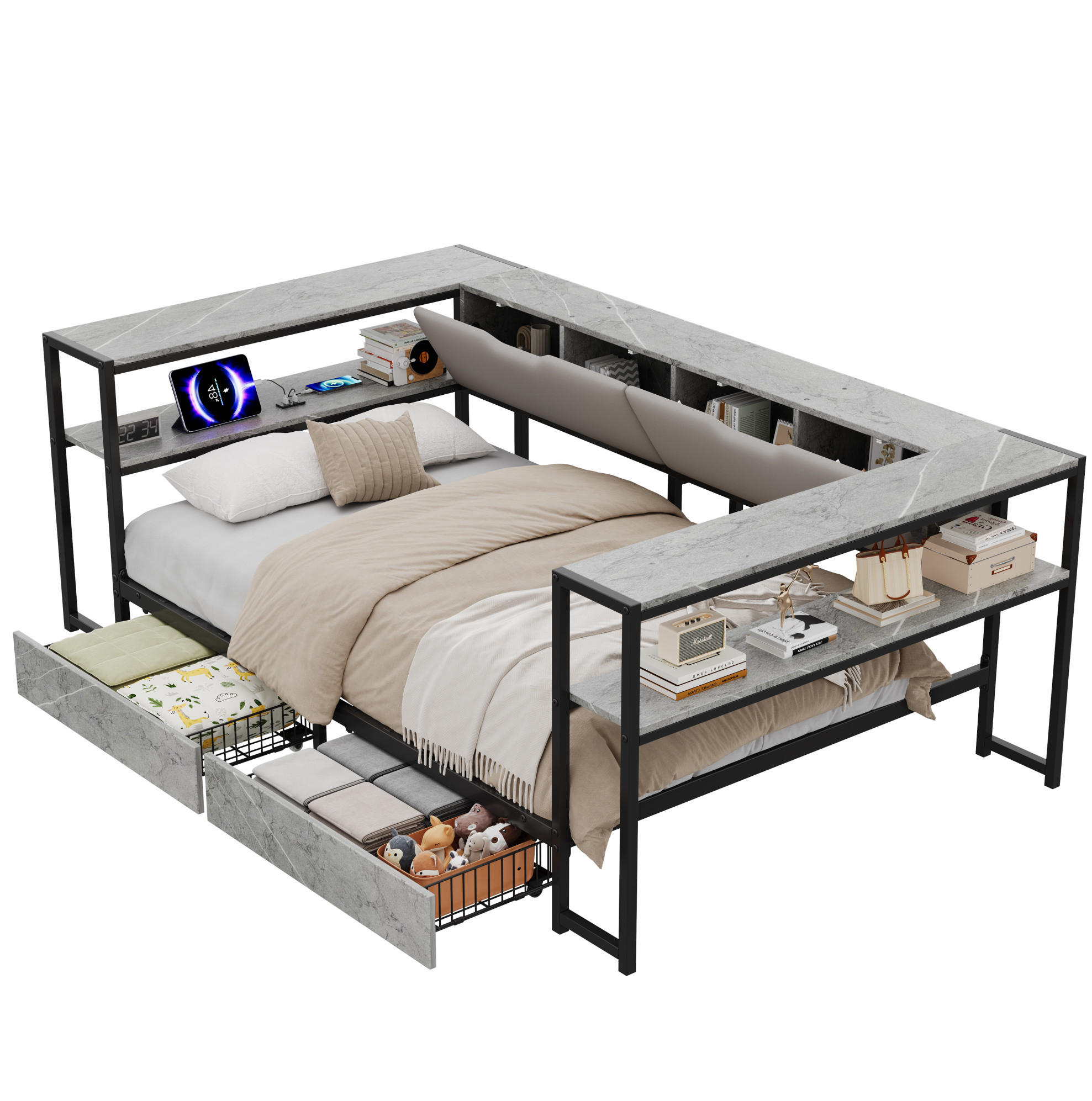 POLSTERBETT 90/200 cm mit USB- und Type-C-Anschluss, 2 Schubladen, 6 Staufächern und Lattenrost, Grau - Grau, Holzwerkstoff (90/200cm) - Redom