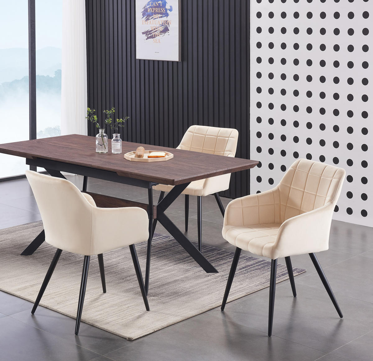 STUHL 4er-Set Samtcreme - Weiß, Metall (55/82/59cm) - Life Interiors