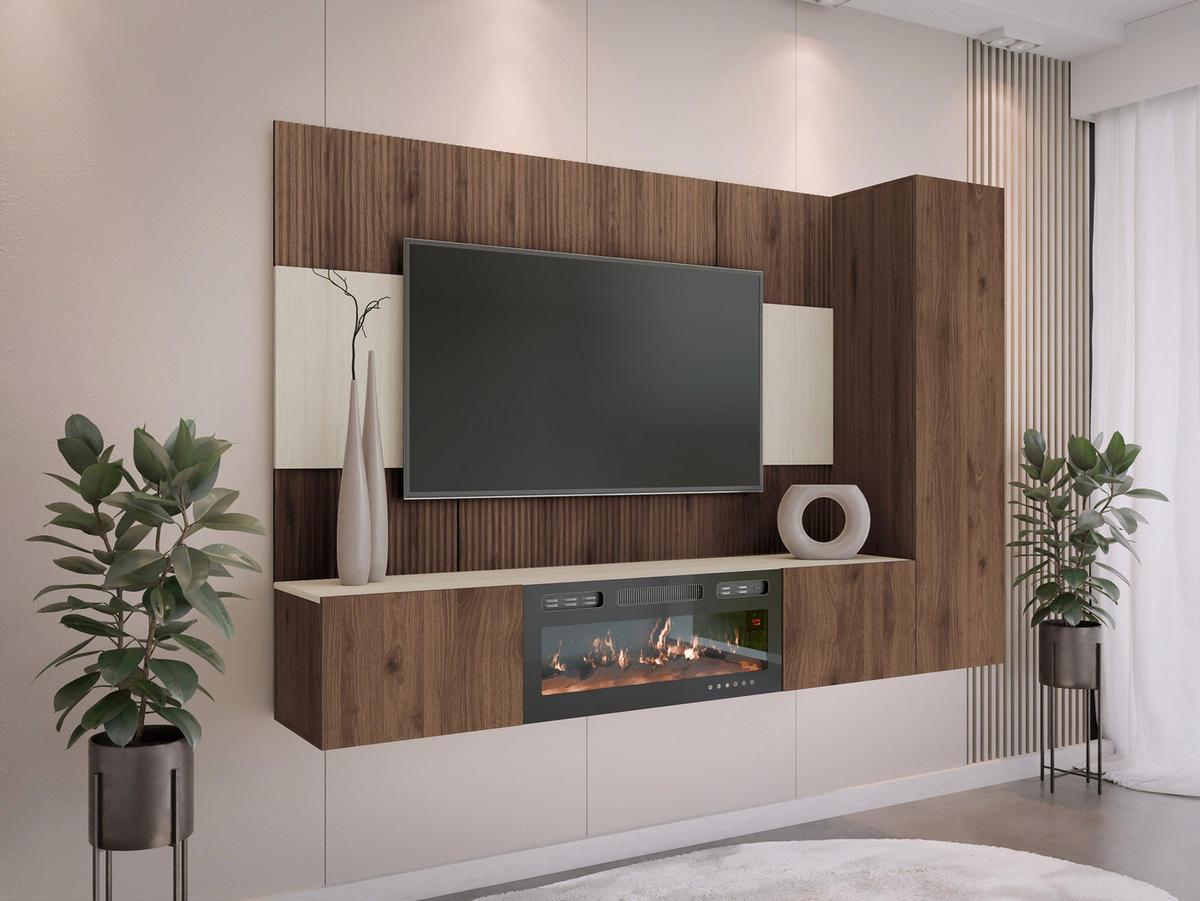 WOHNWAND Deromi VI mit Kamin - Braun, Holzwerkstoff (220/150/38cm) - MIRJAN24