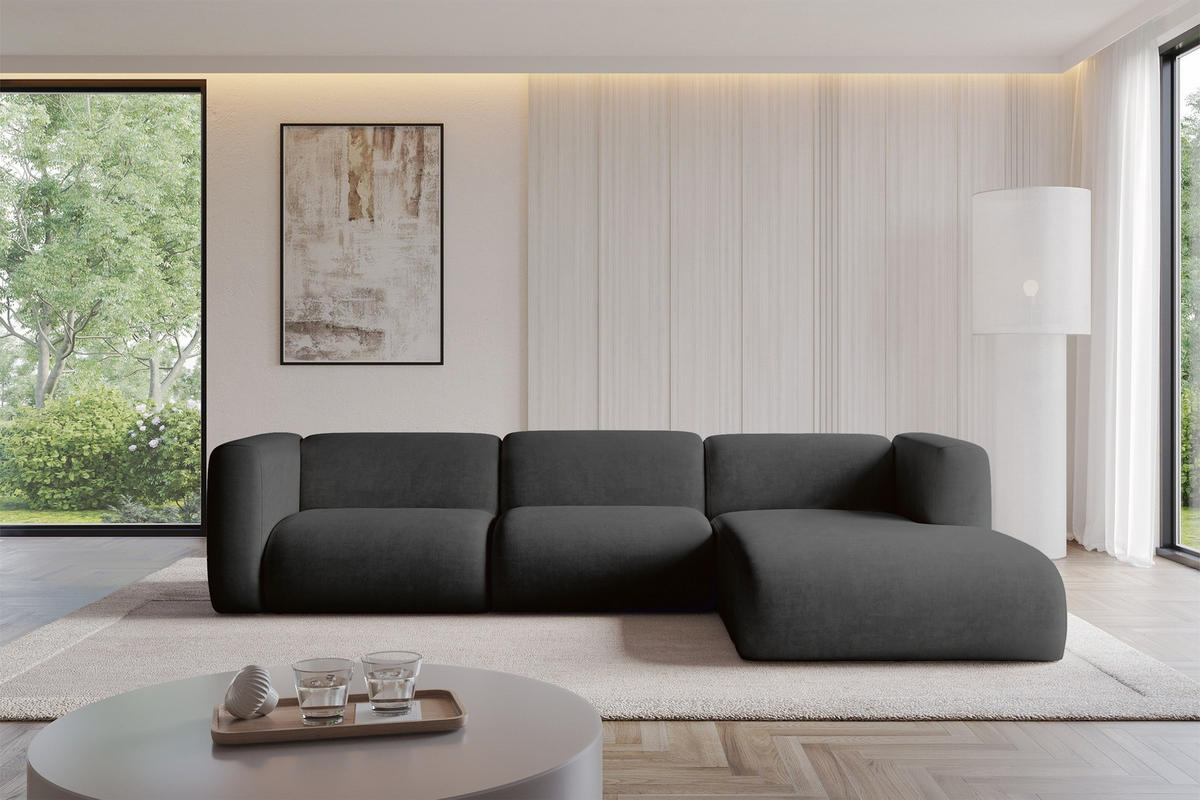 ECKSOFA Ottomane Rechts MIRA-L2 318x179x89 Schwarz Velours - Anthrazit/Schwarz, Holzwerkstoff/Kunststoff (318/179cm) - ALTDECOR