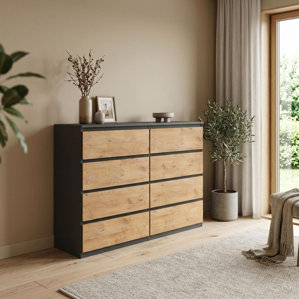 KOMMODE NUDO 120/101,5/39cm mit 8 Schubladen Türen Anthrazit - Eichefarben/Anthrazit, Holzwerkstoff (120/101.5/39cm) - MASSENO