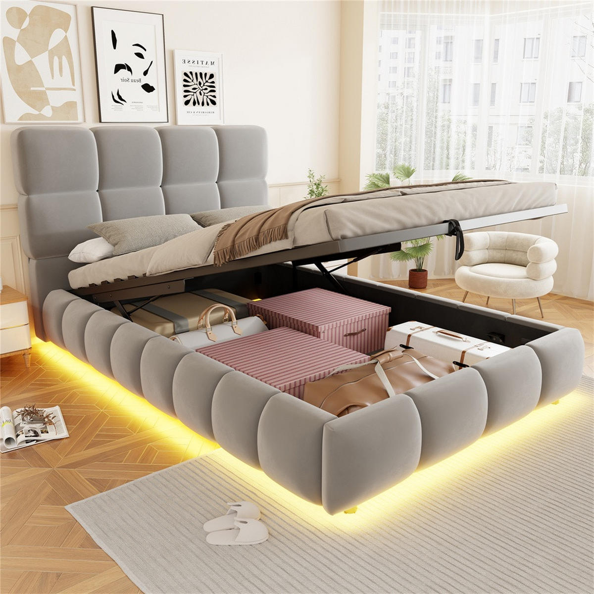 POLSTERBETT 90x200 cm mit LED Beleuchtung - hydraulischem Stauraum - Grau - Samt - ohne Matratze - Grau, Textil (90/200cm) - DELFA