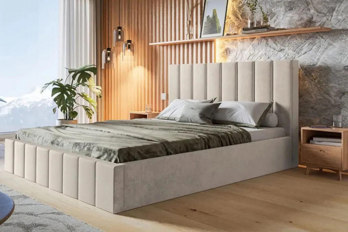 POLSTERBETT SIM 10 mit Kopfteil, 180 x 200 cm mit Bettkasten und Lattenrost aus Holz, Velourstoff, Farbe: Beige - Beige, Holz/Kunststoff (180/200cm) - Sepro Meble