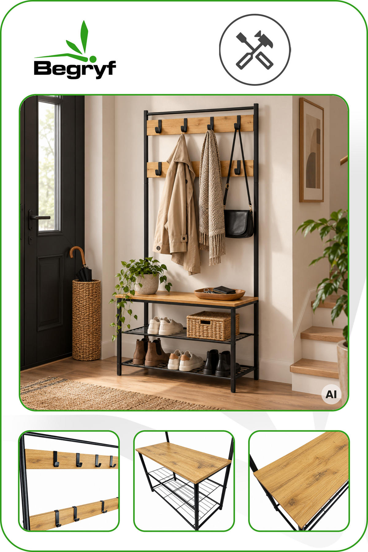 GARDEROBENSTÄNDER Eiche Schwarz 70x32x175 cm mit Sitzbank 8 Haken - Eichefarben/Schwarz, Holzwerkstoff/Metall (70/175/32cm) - Begryf