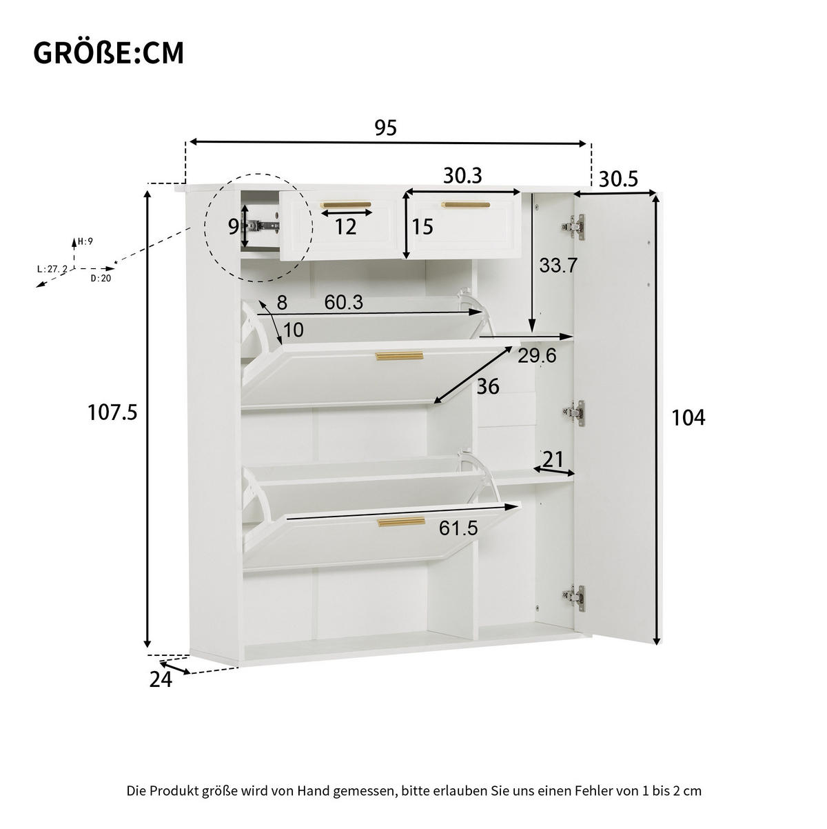 SCHUHSCHRANK 95/24/107,5 cm mit verstellbaren Einlegeböden, Schubladen und offenen Fächern, Weiß - Weiß, Holzwerkstoff (95/107/24cm) - Redom