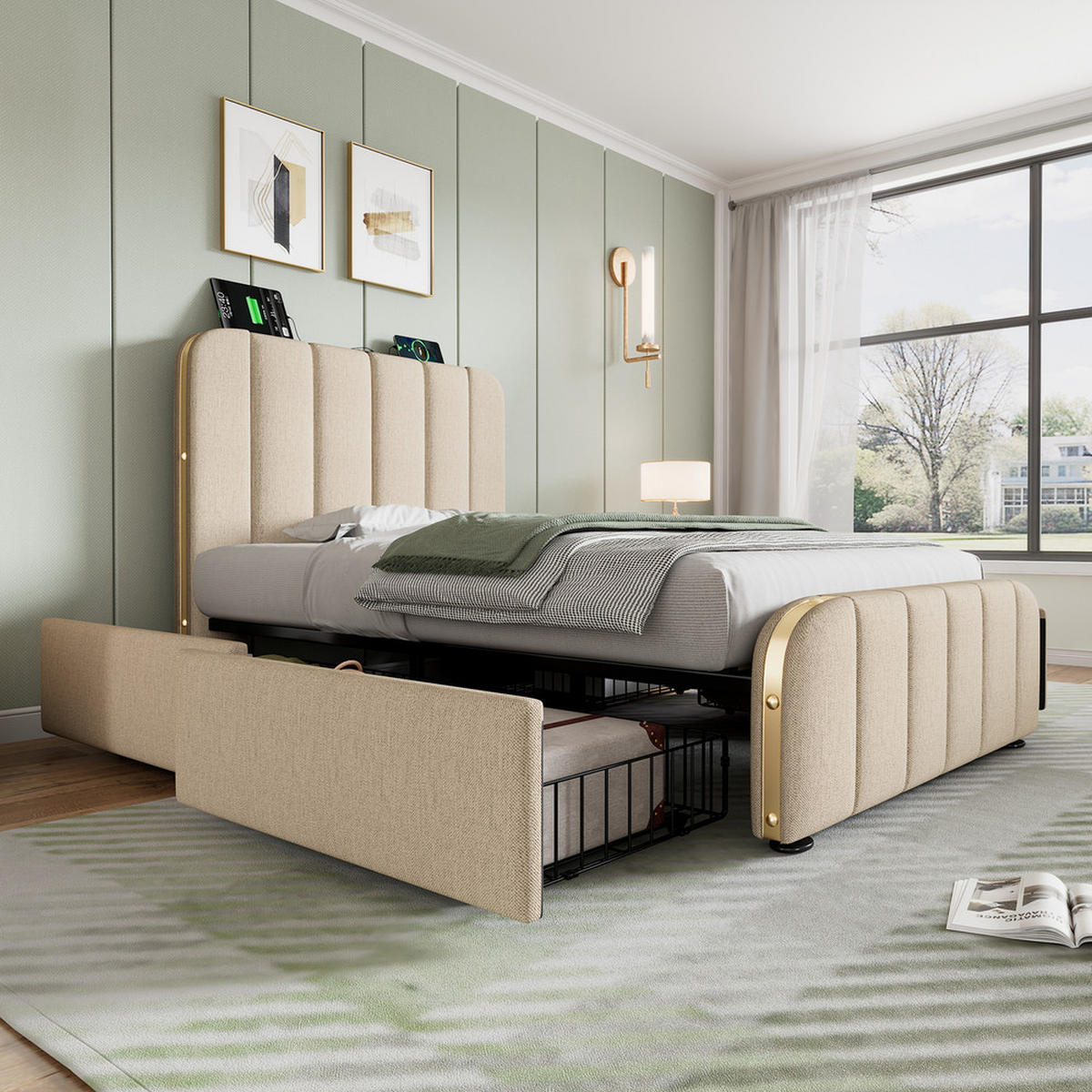 POLSTERBETT 90x200cm Einzelbett USB-C 4 Schubladen Goldstreifen Beige - Beige, Holz - FLIEKS