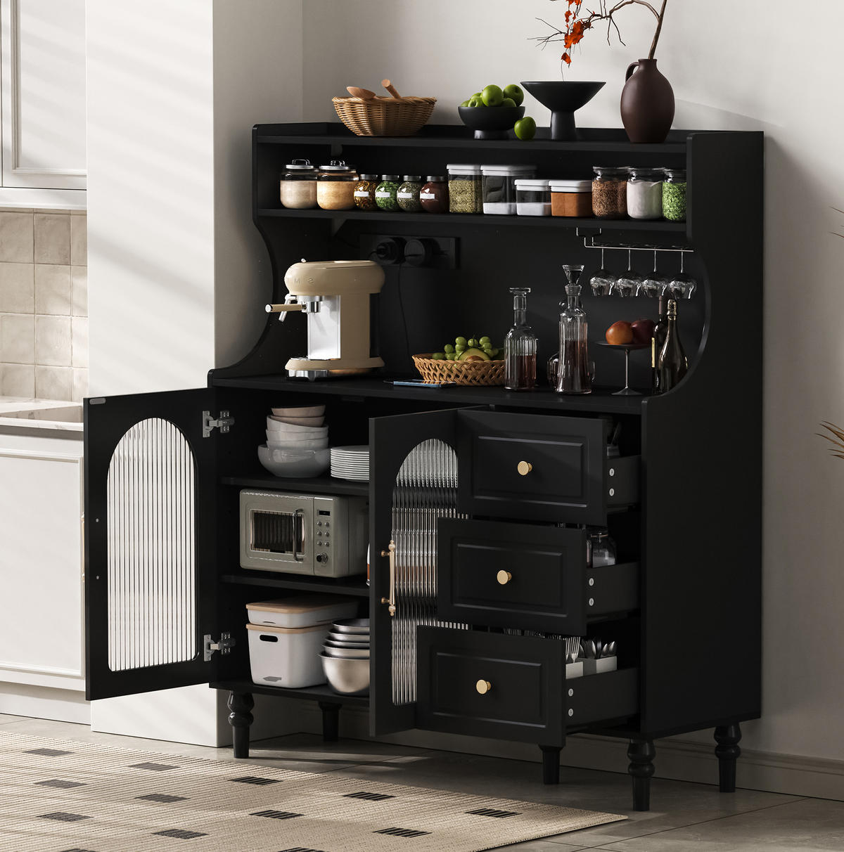 BUFFET 120x40x138.5 cm Schwarz mit Fluted Glas & Ladestation - Schwarz, Holzwerkstoff (120/138.5/40cm) - Modfu