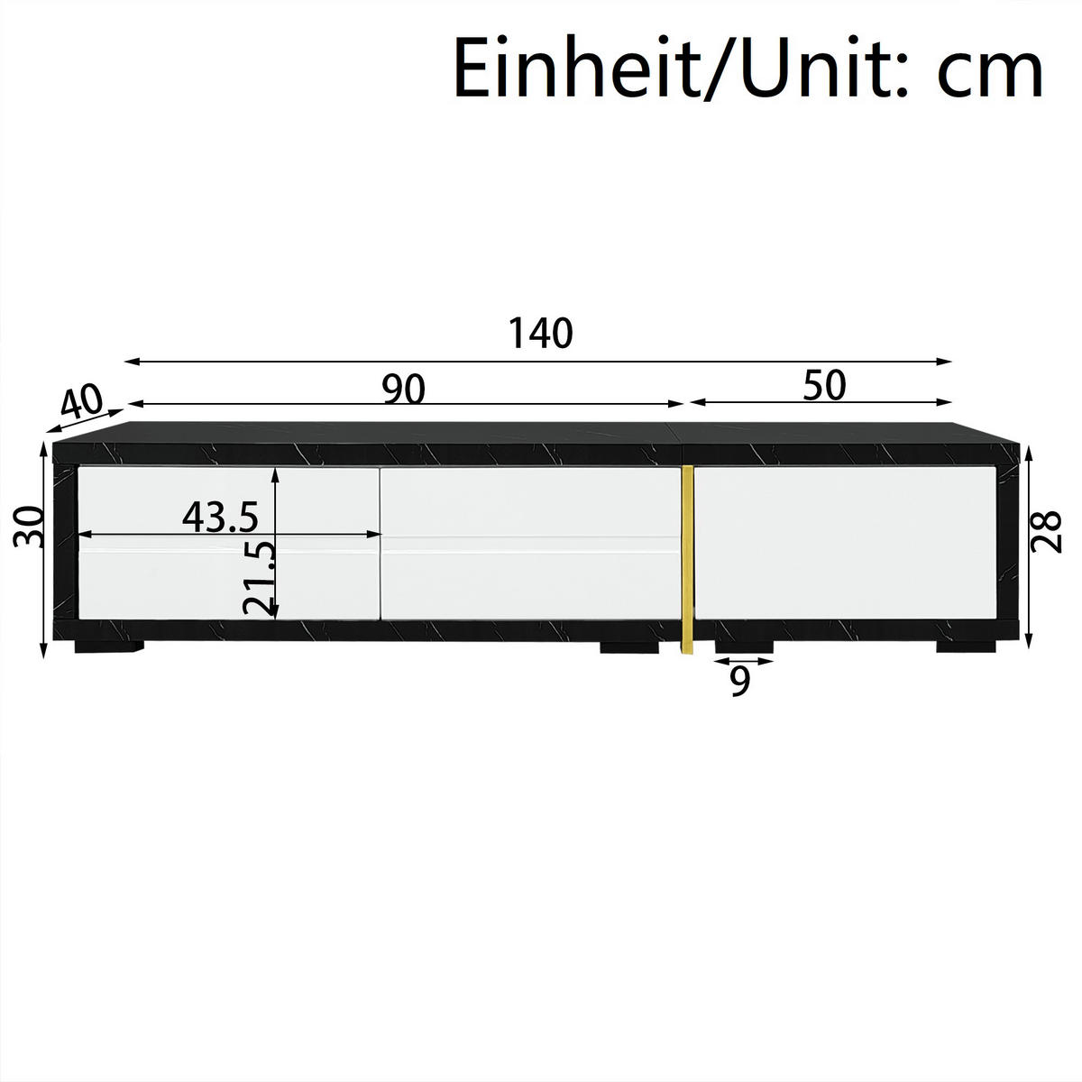 TV-SCHRANK 140-260/40/30 cm schwarz Marmoroptik mit Hochglanz und goldenen Verzierungen - Weiß, Holzwerkstoff (260/30/40cm) - OKWISH