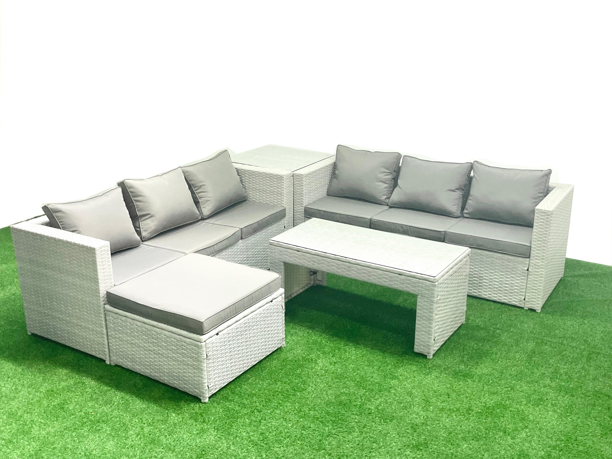GARTENSOFA hohe Rückenlehne Polyrattan Hellgrau-Mix 7-Sitzer - Hellgrau/Grau, Glas/Kunststoff - Fimous