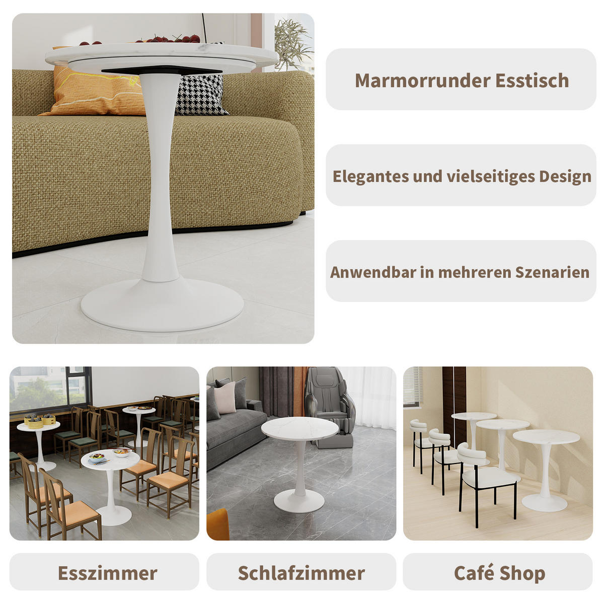 COUCHTISCH 70 cm rund in Weiß mit Marmor-Optik Weiß - Weiß, Stein (70/70/72cm)