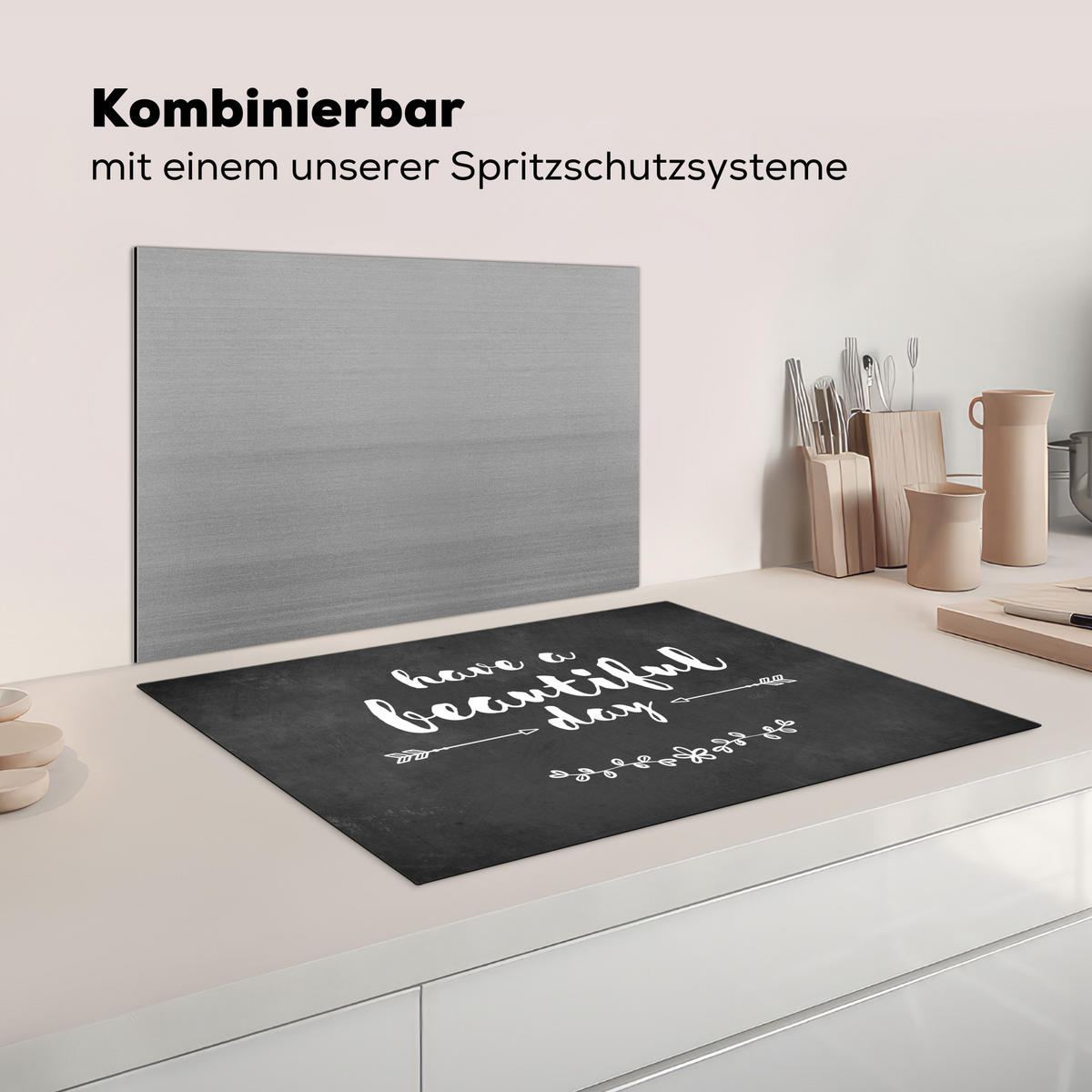 HERDABDECKPLATTE Zitat - Einen schönen Tag - Grau - Weiß Herdabdeckung Induktionsfeld 75x52 cm - Anthrazit, Kunststoff (75/52/0.2cm) - MuchoWow