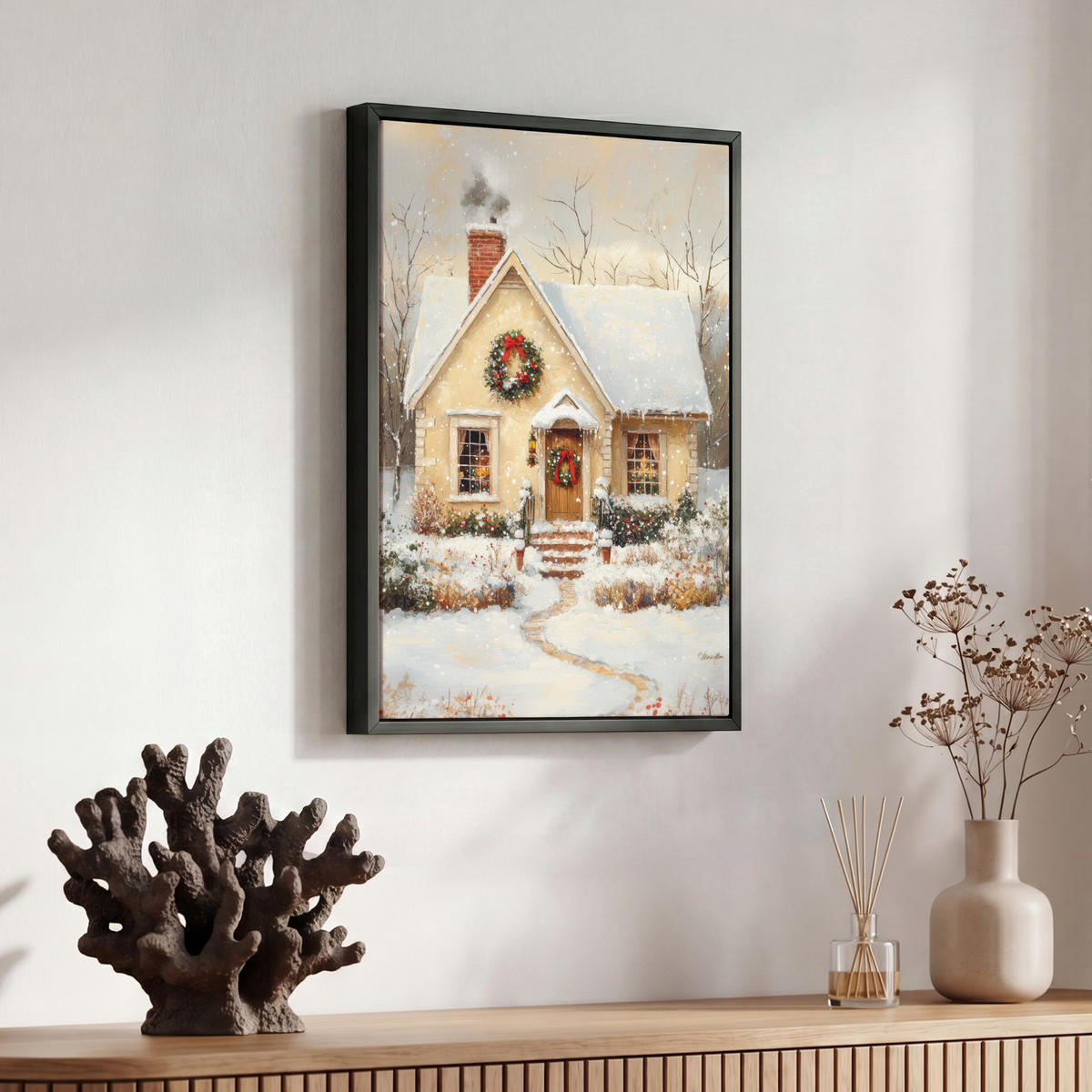 LEINWAND Bilder mit Rahmen - Weihnachten - Zuhause - Winter - Schnee - 30x40 - Creme, Textil (30/40cm) - MuchoWow