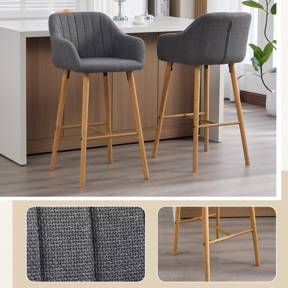 BARHOCKER,2ER-SET,BARSTÜHLE,KÜCHENSTÜHLE,LEINEN,GRAU - Grau, Textil (55/104/51cm) - LVHOM