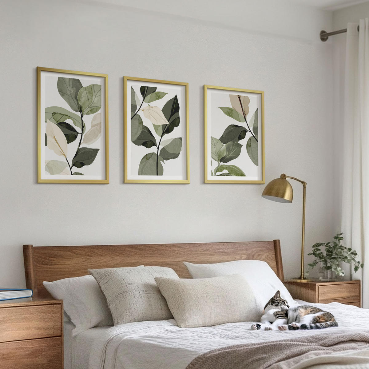 WANDBILDER 3er Set - 40x60 cm Goldrahmen - Bemalte Boho-Pflanzenblätter - Goldfarben, Kunststoff (40/60cm) - ArtPrintCave