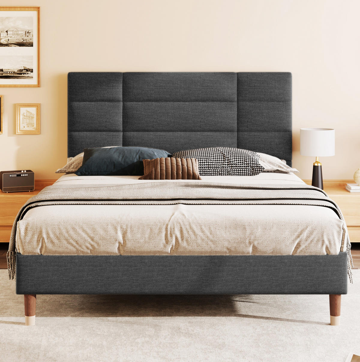 OBLAZINJENA postelja 140/200 cm z letvenim dnom, 7-consko vzmetnico H3 in prostorom pod posteljo, Siva - siva, les (140/140cm) - Redom
