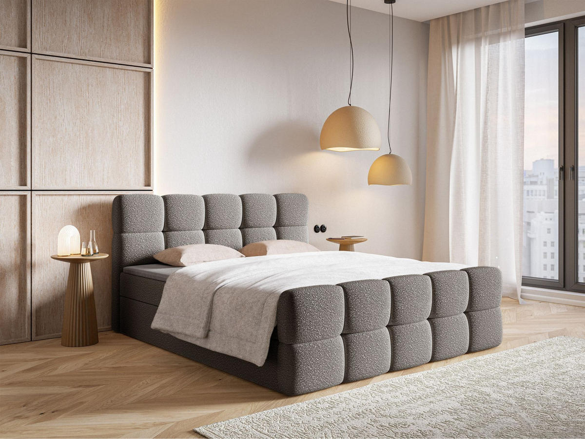 BOXBETT Cloudy Grau mit Bouclé-Bezug 140x200 cm - Schwarz/Grau, Holz/Textil (140/200cm) - Selsey