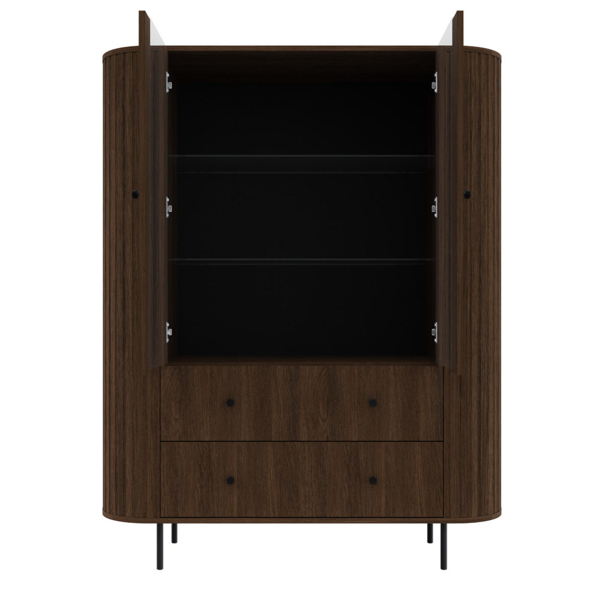VITRINE Olivia 123 cm, mit Glastüren, 2 Schubladen und geriffeltem Design, dunkelbraun und schwarzfarbenen Metallfüßen - Dunkelbraun, Metall (123/155/43cm) - Margaret Hadas24