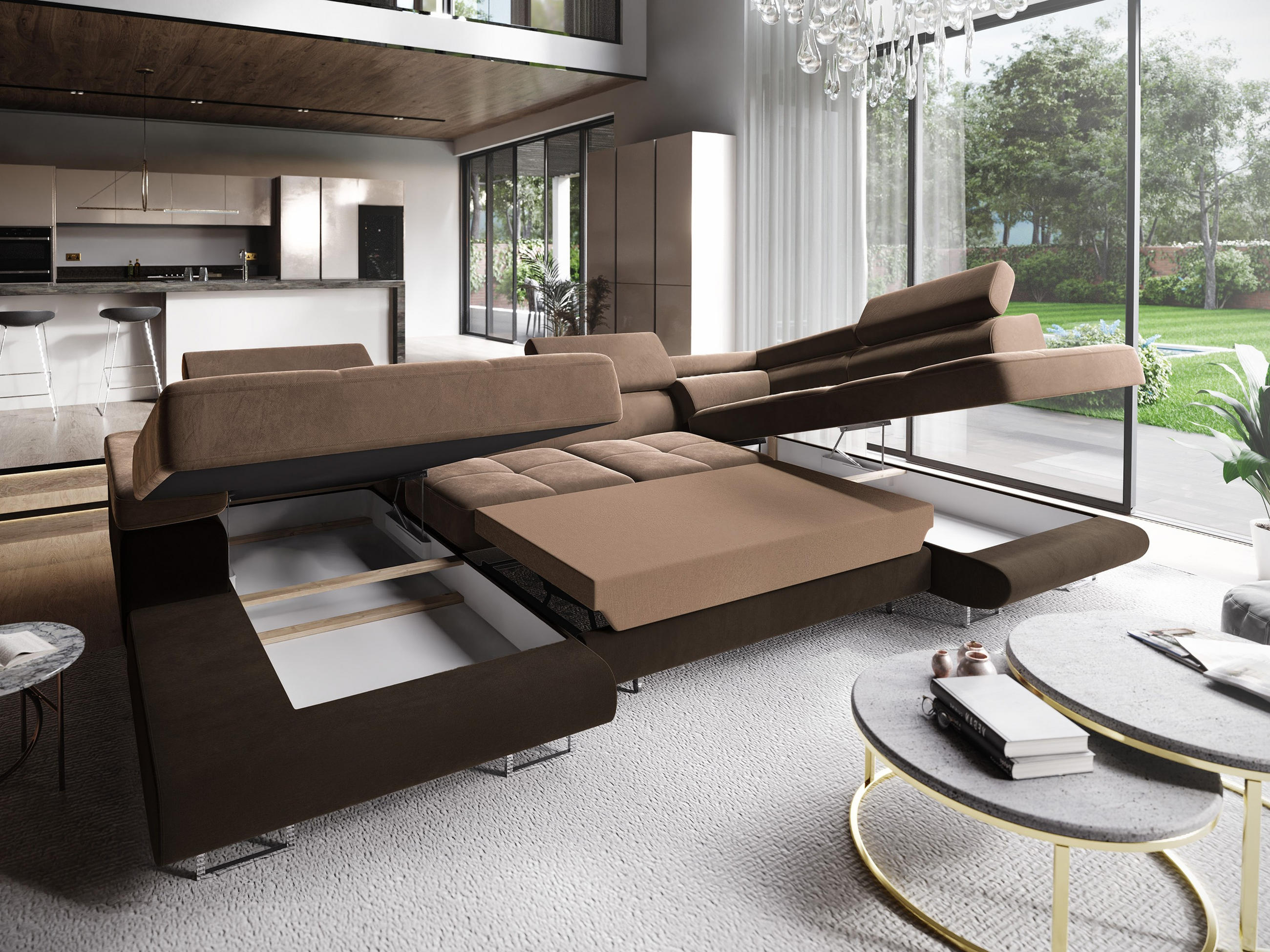WOHNLANDSCHAFT CASONE R-S Beige Velours-Stoff mit Schlaffunktion - Beige, Holz (345/90/202cm) - MASSENO