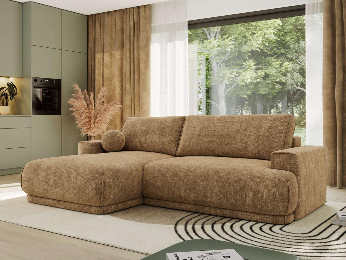 ECKSCHLAFSOFA RINA L Hellbraun Schenille grob gewebt - links - Hellbraun/Schwarz, Kunststoff/Textil (267/170cm) - MKS