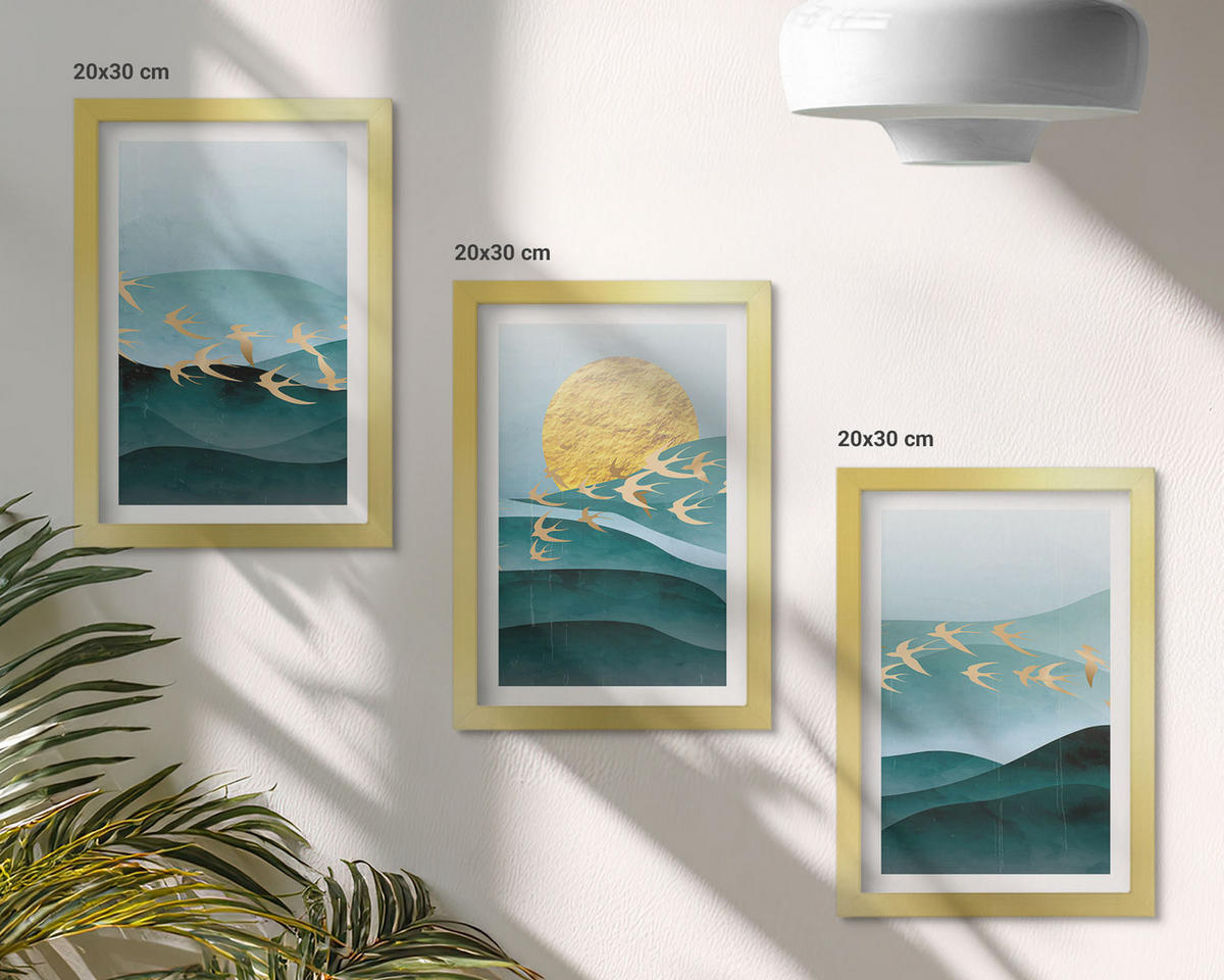 BILDER SET 3er Set - 20x30 cm Goldrahmen - Abstrakte Sonnenuntergangslandschaften - Goldfarben, Kunststoff (20/30cm) - TULUP
