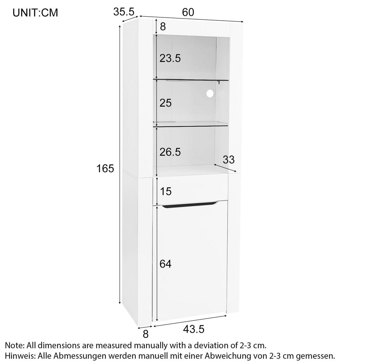 VITRINE 60/35,5/165 cm aus Spanplatte mit LED-Beleuchtung und App-Steuerung Weiß Hochglanz - Weiß, Holzwerkstoff (60/165/35.5cm) - Modenvie