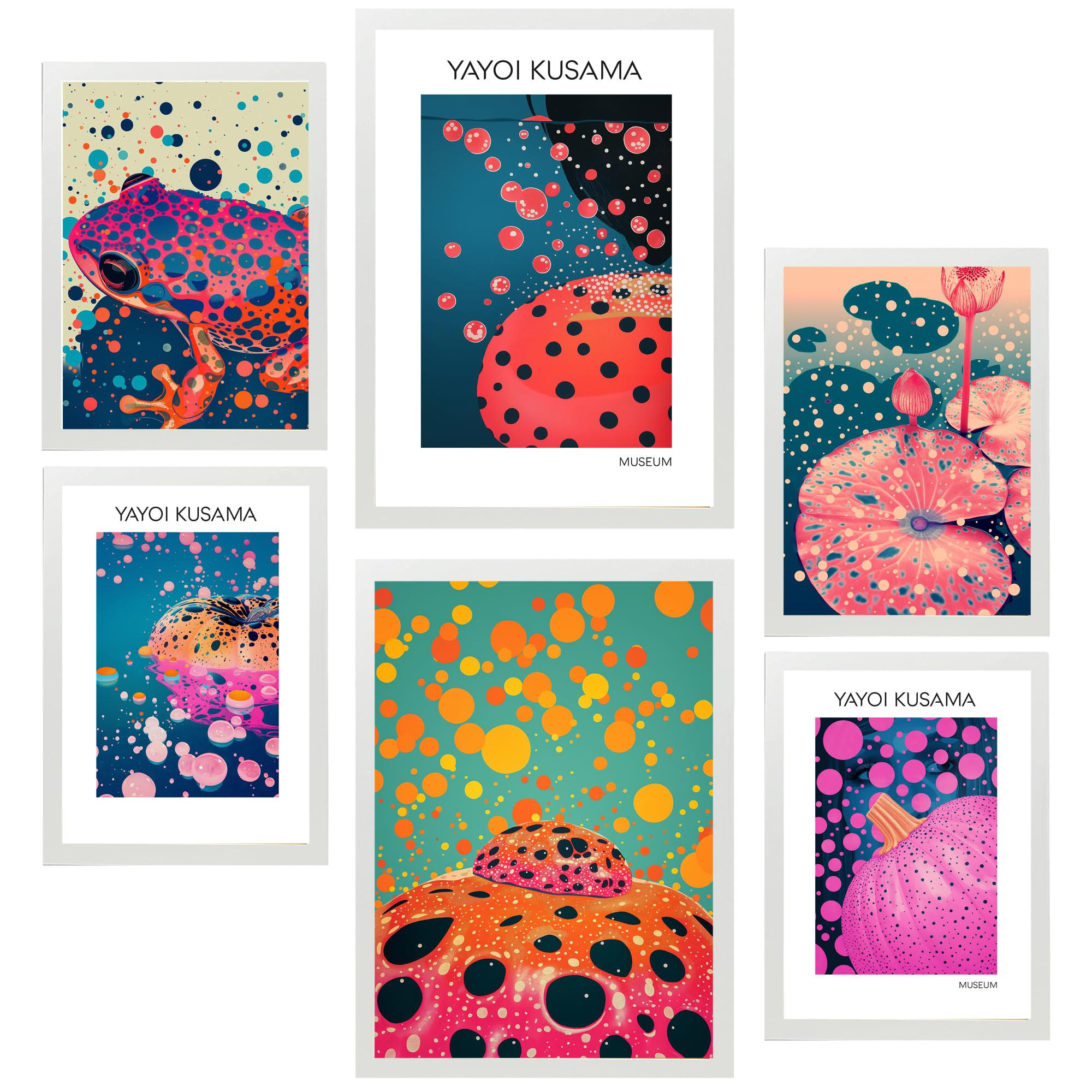 POSTER Set Mit 6 Kusama Kürbis A3 & A4 Weißer Rahmen - Weiß, Papier (29/3cm) - Nacnic
