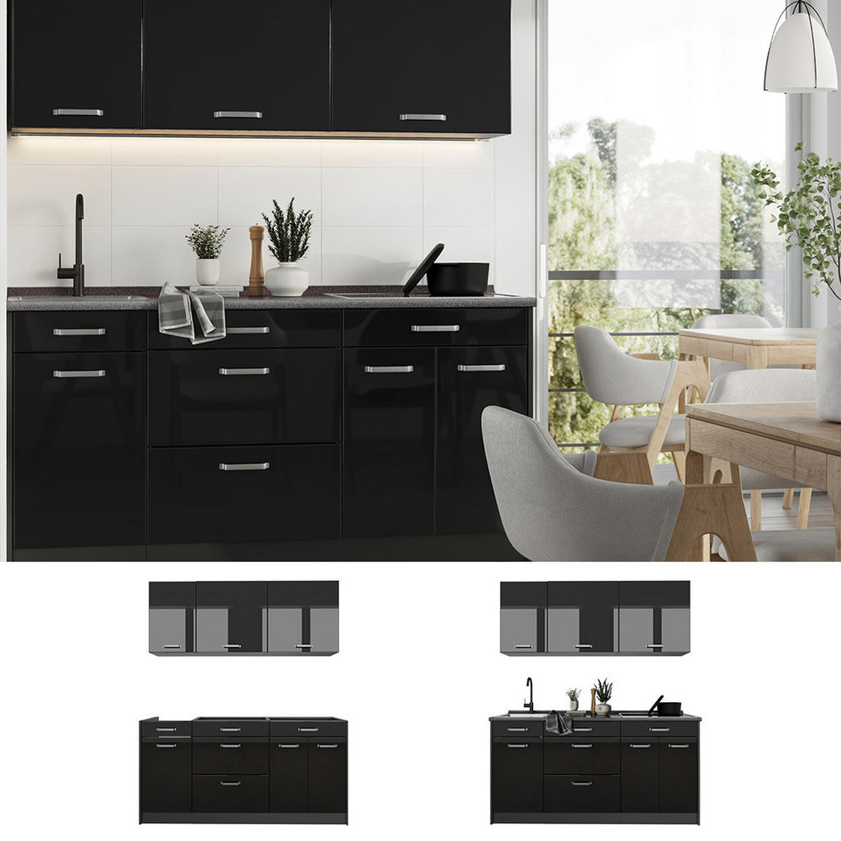 SINGLEKÜCHE R-Line, Schwarz Hochglanz/Anthrazit, 160 cm Arbeitsplatte Anthrazit - Schwarz Hochglanz/Anthrazit, Holzwerkstoff (160/81.6/60cm) - Vicco