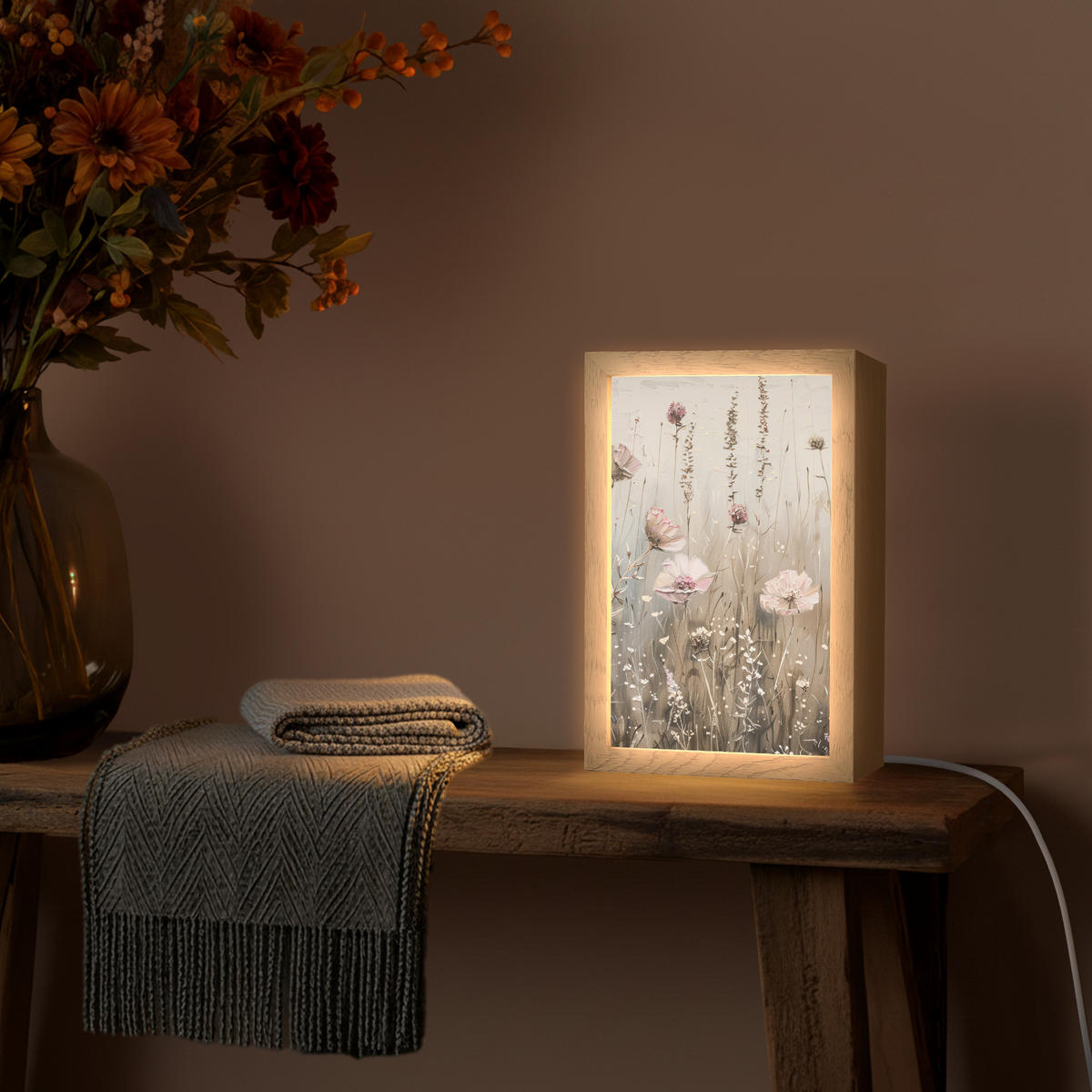 NÁSTĚNNÁ LAMPA Květiny - růžová - moderní - béžová 20x30 cm - starorůžová, kompozitní dřevo (20/30/8cm) - OnlyWow
